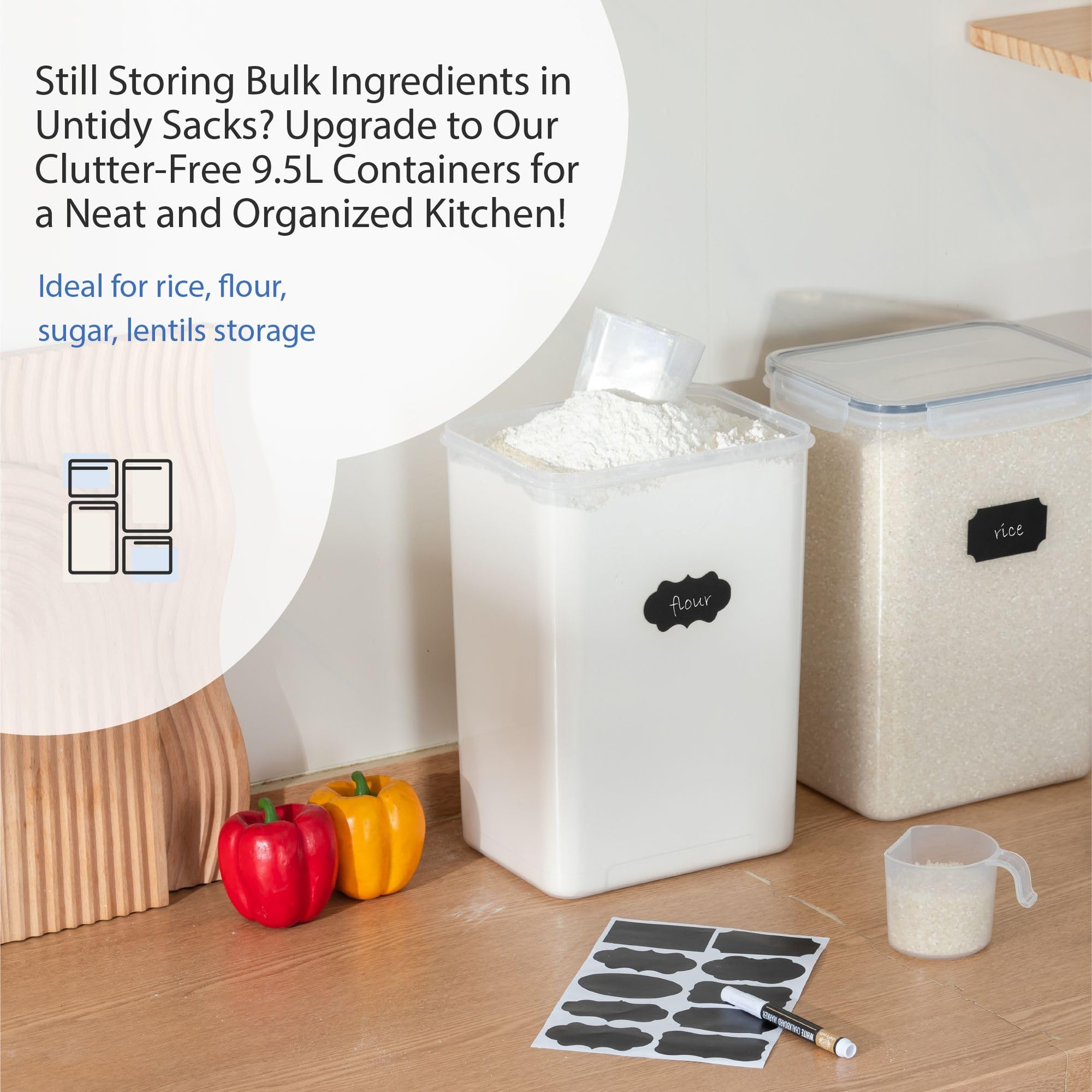 Chef's Path Kitchen Storage Box Set of 4 Extra Large Airtight Food Storage Jars for Sugar Flour Cereal Rice - Measuring Spoons, Pen and Food Preservation Labels (5.2 L)