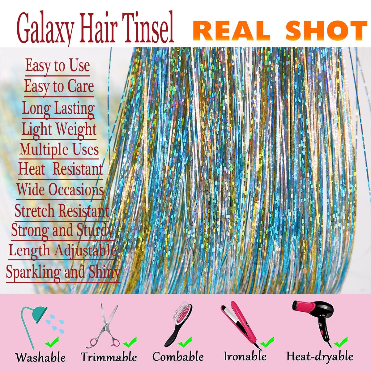 Celinebella Bubblegum Pink Hair Tinsel, 48" 1250 Strands Bright Shimmer | Vibrant hot pink bubblegum tone, youthful energetic, heat resistant, great for prom concerts birthday parties events
