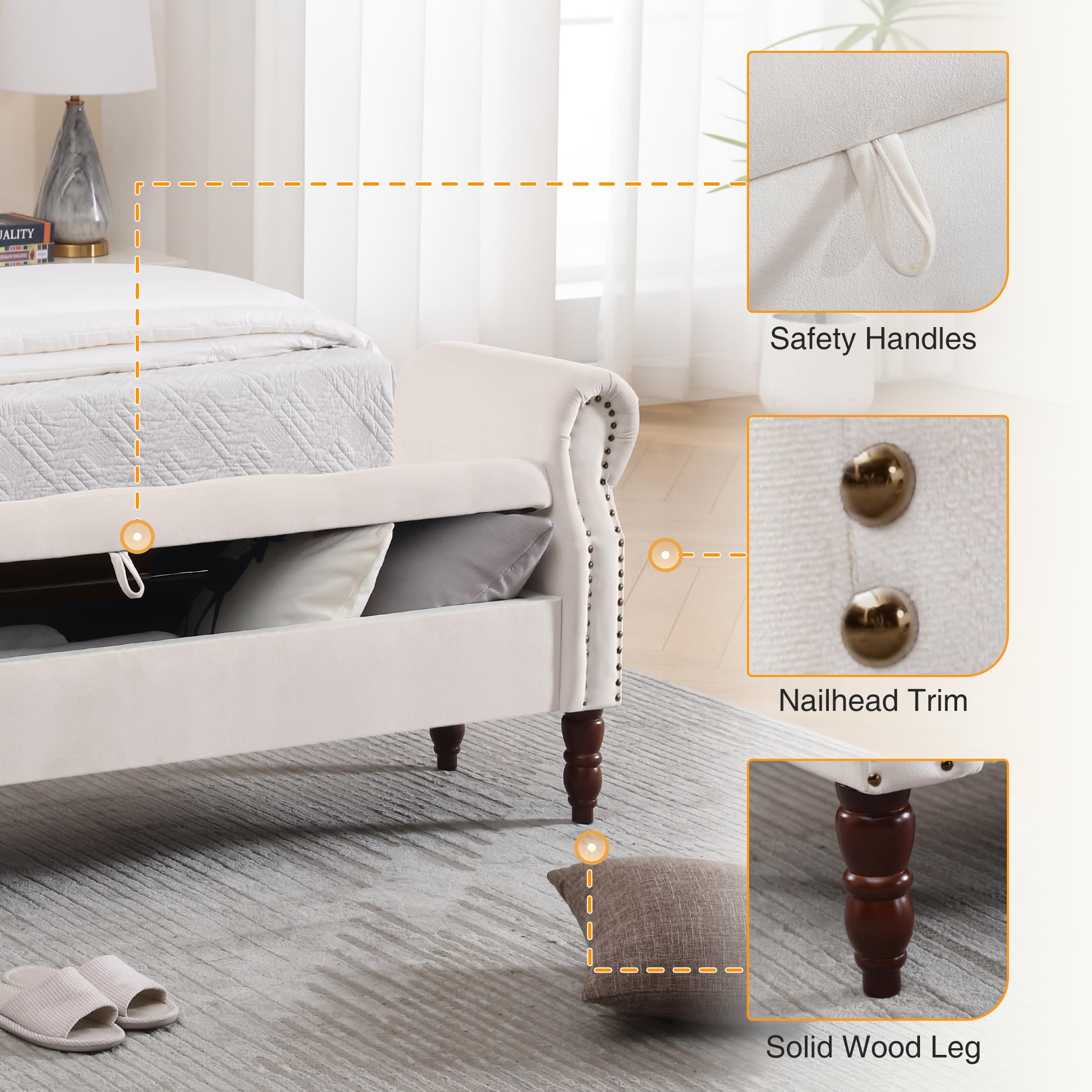 Storage Bench for Bedroom, 67" End of Bed Bench King Size, Velvet Bedroom Bench with Storage, Upholstered Tufted Storage Ottoman Benches with Arms for Bedroom, Entryway, Living Room, Beige