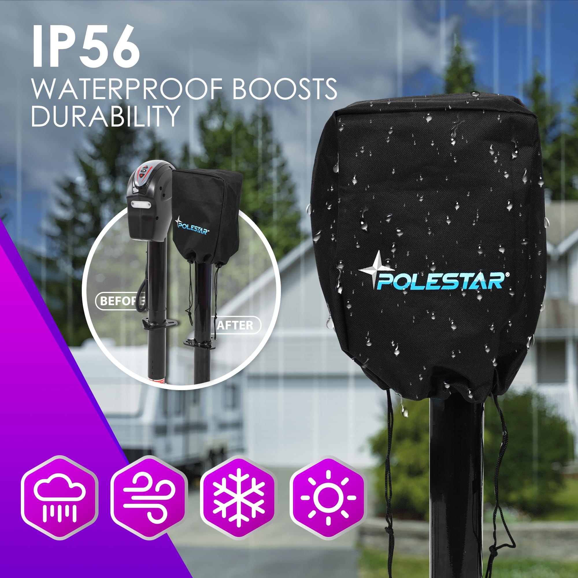 POLESTAR Electric Trailer Jack, 3500lbs Electric Power A- Frame Tongue Jack with Waterproof Protective Cover & LED Light for Travel Trailer Camper, RV, 12V DC with Hard Wiring, 9"-27" Lift