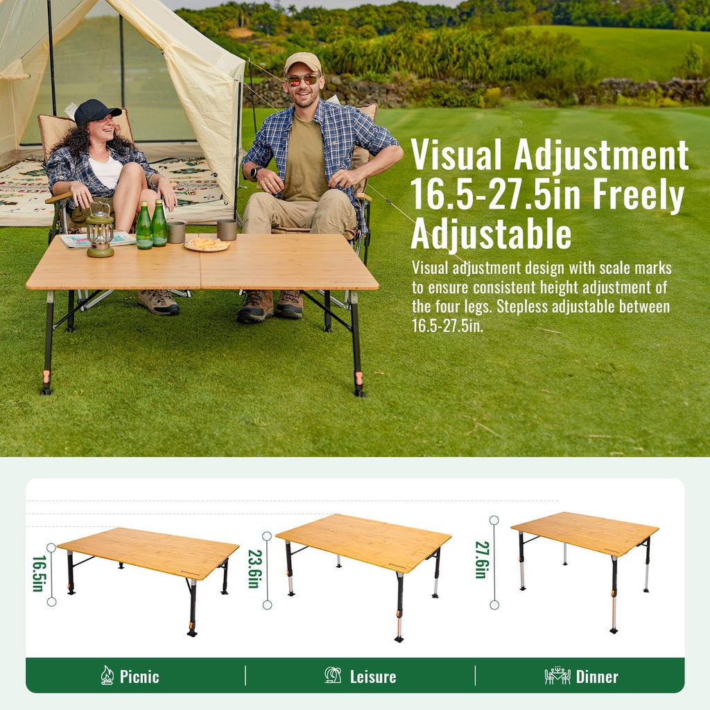 KingCamp Bamboo Folding Table, 4-Fold Camping Adjustable Height Portable Outdoor Lightweight & Compact Table with Aluminum Frame for RV Picnic BBQ Tailgating