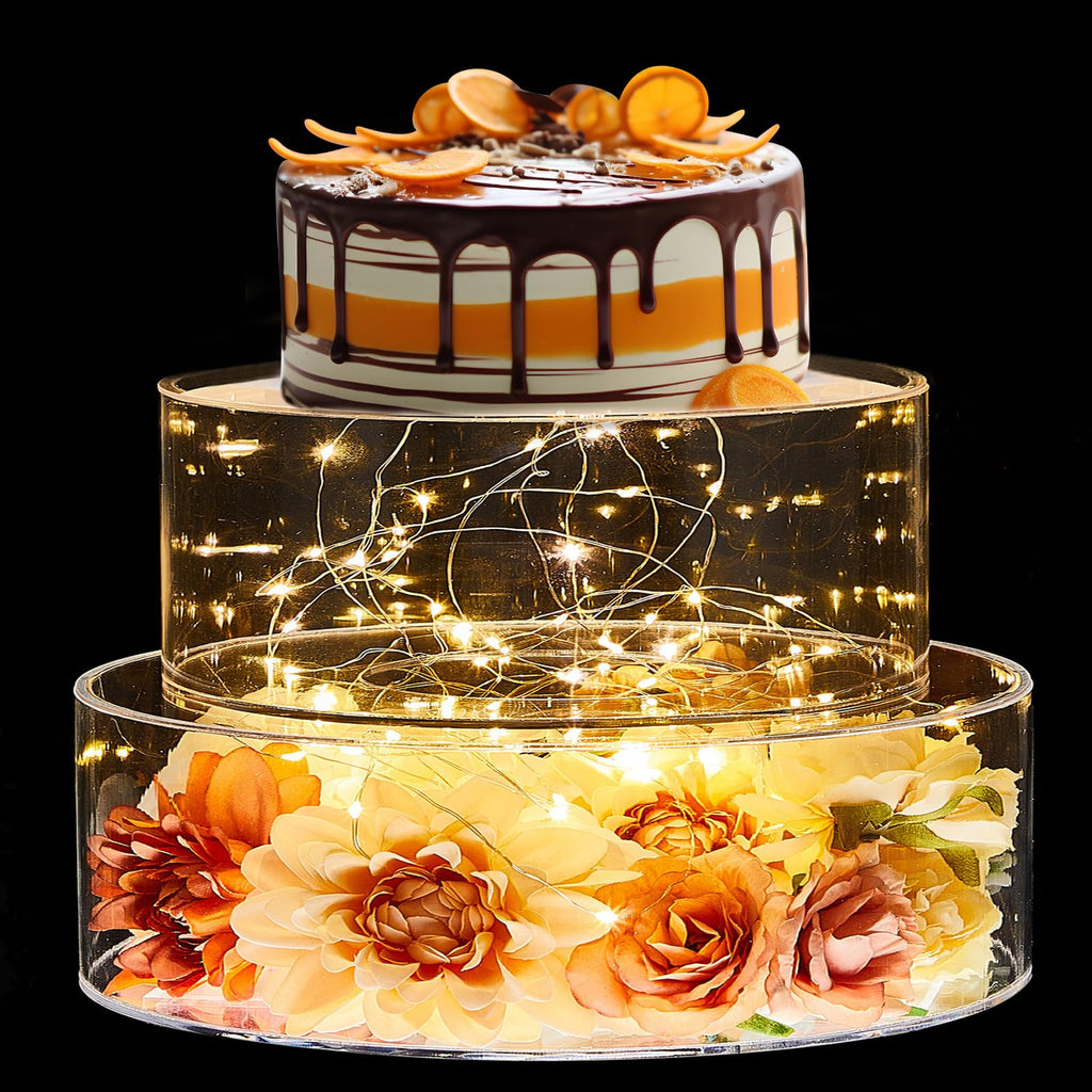 Sunnyray 2 Pcs Acrylic Cake Stands for Dessert Table Clear Fillable Cake Riser Cupcake Tier with LED Strings for Birthday Wedding Holiday Party Display(6'', 8'')