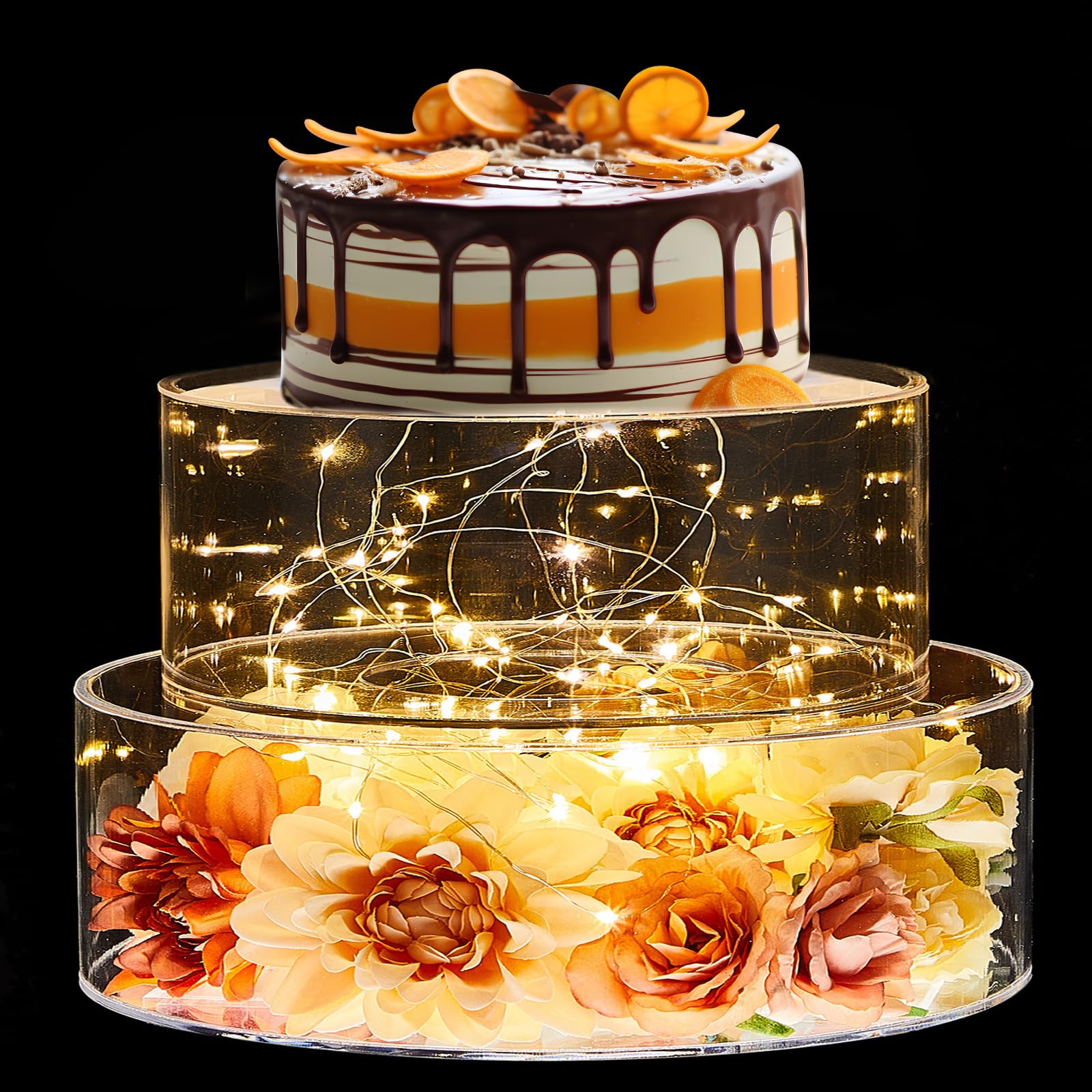 Sunnyray 2 Pcs Acrylic Cake Stands for Dessert Table Clear Fillable Cake Riser Cupcake Tier with LED Strings for Birthday Wedding Holiday Party Display(6'', 8'')