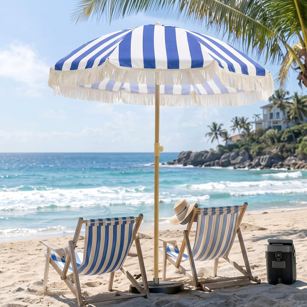 6.5FT Boho Patio Umberlla with Fringe,UPF50+ Outdoor Umbrella with Fiberglass Ribs and Push Button Tilt,Tassels Umbrella for Beach,Terrace,Picnic
