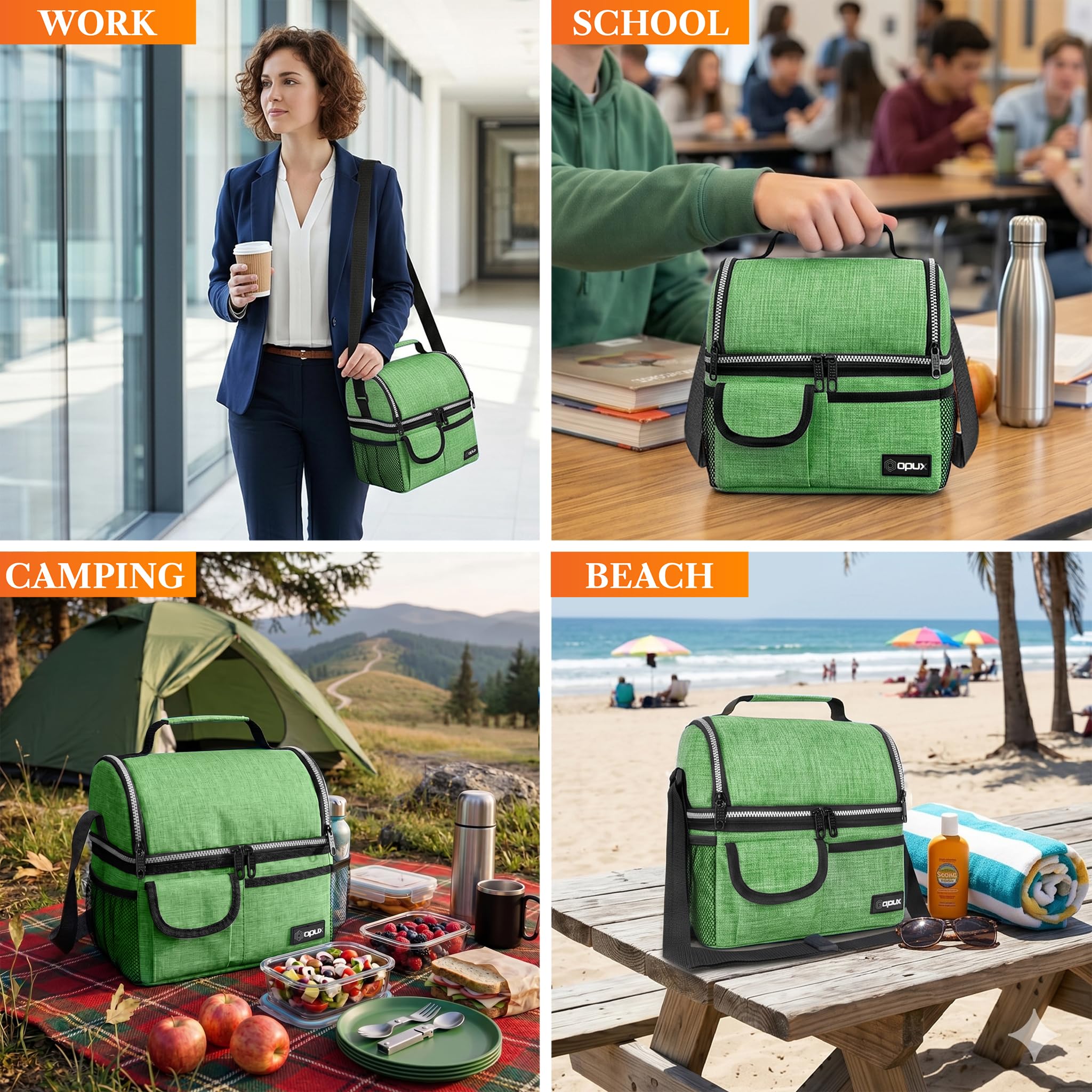opux Insulated Lunch Bag Women Men, Dual Compartment Leakproof Lunch Box Adults Kids, Double Decker Meal Prep Bento Lunch Cooler Tote with Shoulder Strap for Work Office School Travel, Black