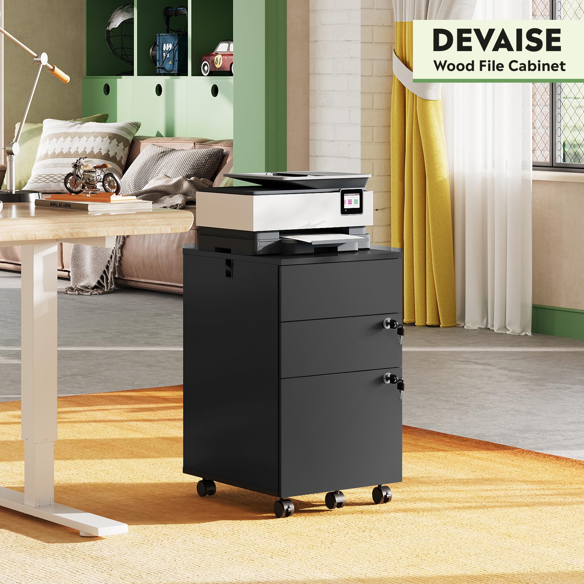 DEVAISE 3 Drawer File Cabinet with Lock, Small Rolling Filing Cabinet Under Desk, Wood Office Drawers Fits Letter/Legal/A4 Size Folders, Black