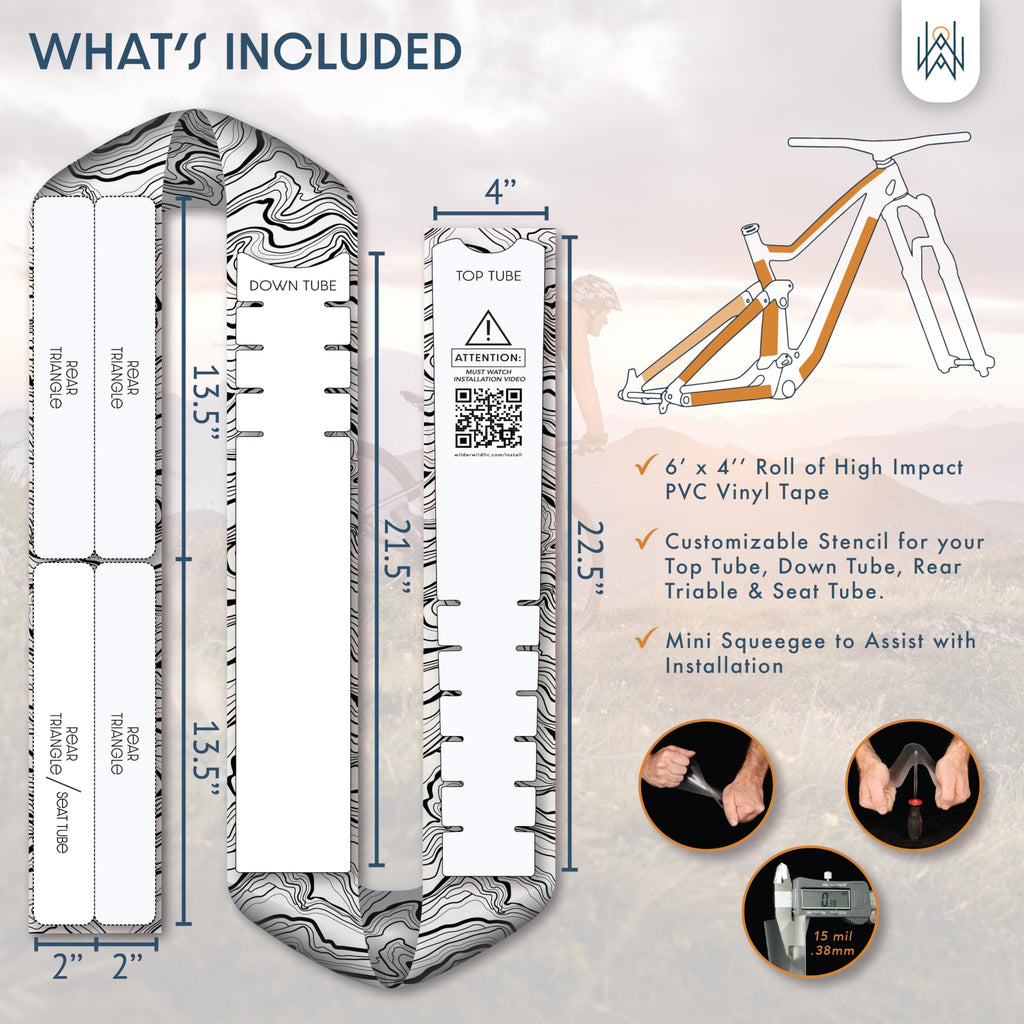 Bike Frame Protection Tape- High Impact Clear Vinyl Wrap Includes Tool (4”x72) Bicycle Frame Protector, Mountain Bike Frame Guard Chainstay Protector (Art Deco)