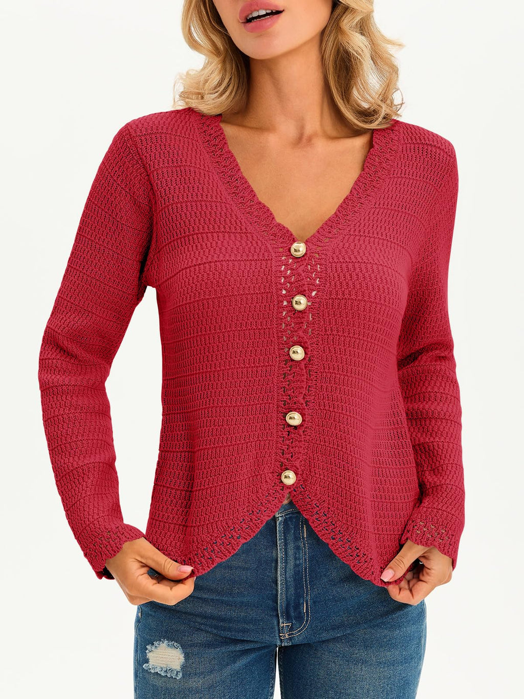 Saodimallsu Womens V Neck Cardigan Sweaters Button Up Cropped Boho Knit Long Sleeve Loose Trendy Sweater Tops