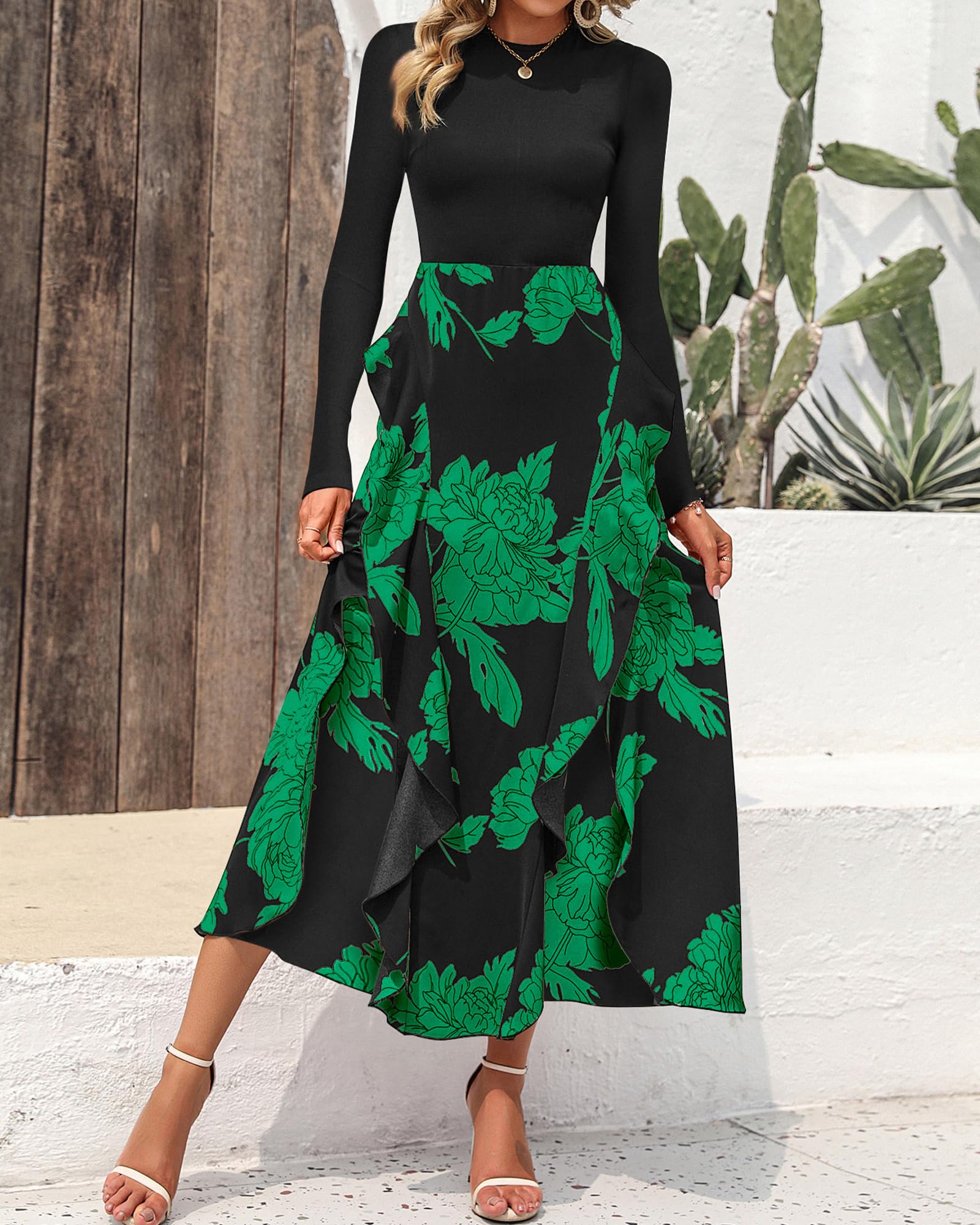 BTFBM Womens Floral Maxi Dress Fall 2025 Casual Crewneck Long Sleeve Ruffle Flowy Cocktail Wedding Guest Dresses