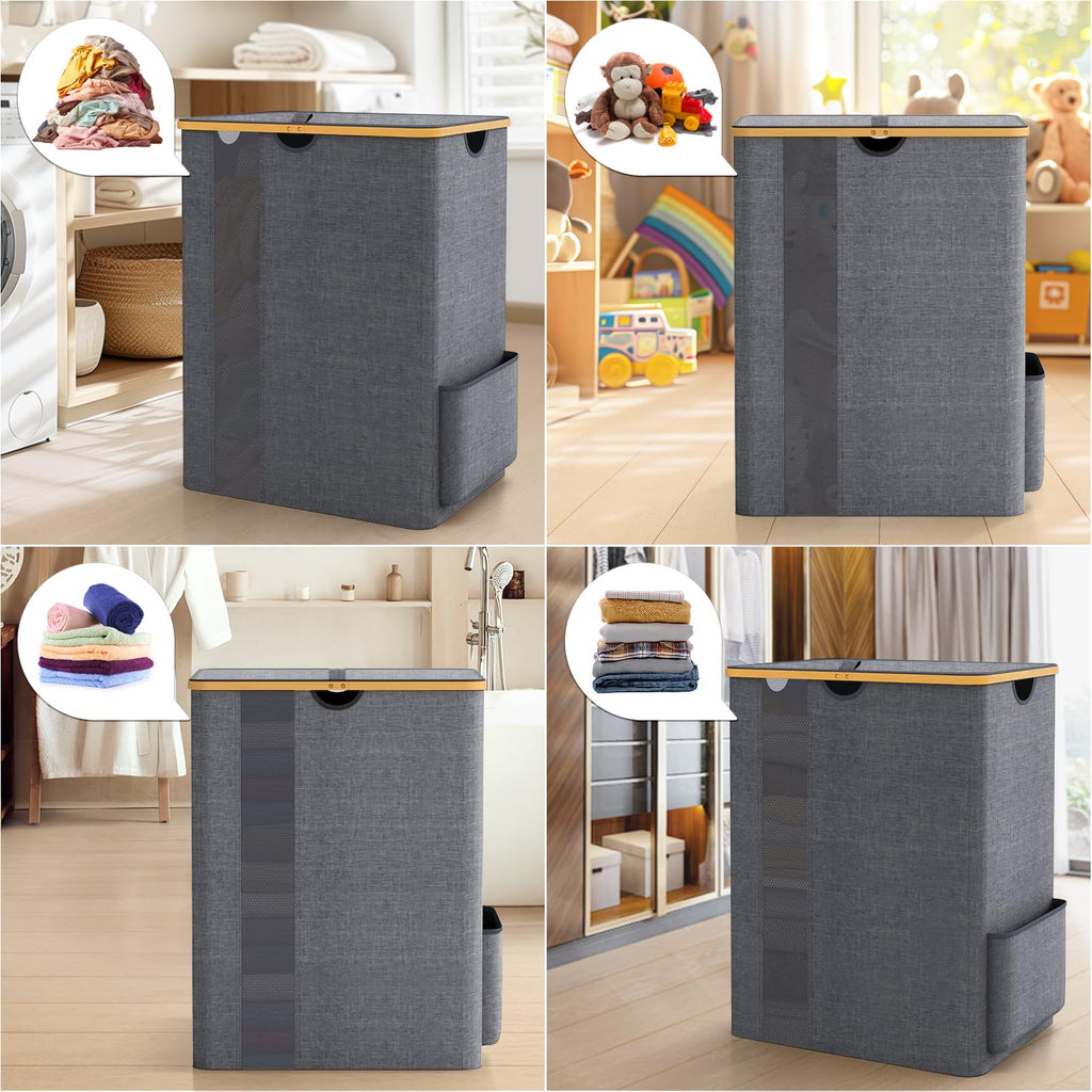 BlissTotes Laundry Basket with Lid, 100L Clothes Laundry Hamper with Handles and Removable Laundry Bag, Breathable Design Hamper with Lid for Bedroom, Bathroom, Dorm, Laundry Room - Beige
