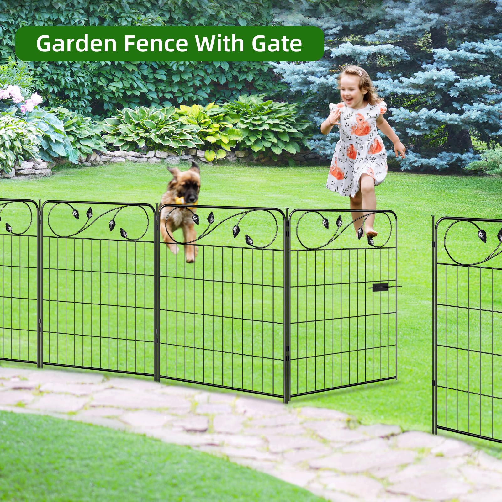 FOREHOGAR Decorative Metal Garden Fence 24in(H) X10ft(L) 5 Panels Leaf Black Rustproof Wire Border Fence for Landscape Patio Flower Bed Garden Fencing Panel Animal Barrier for Dogs