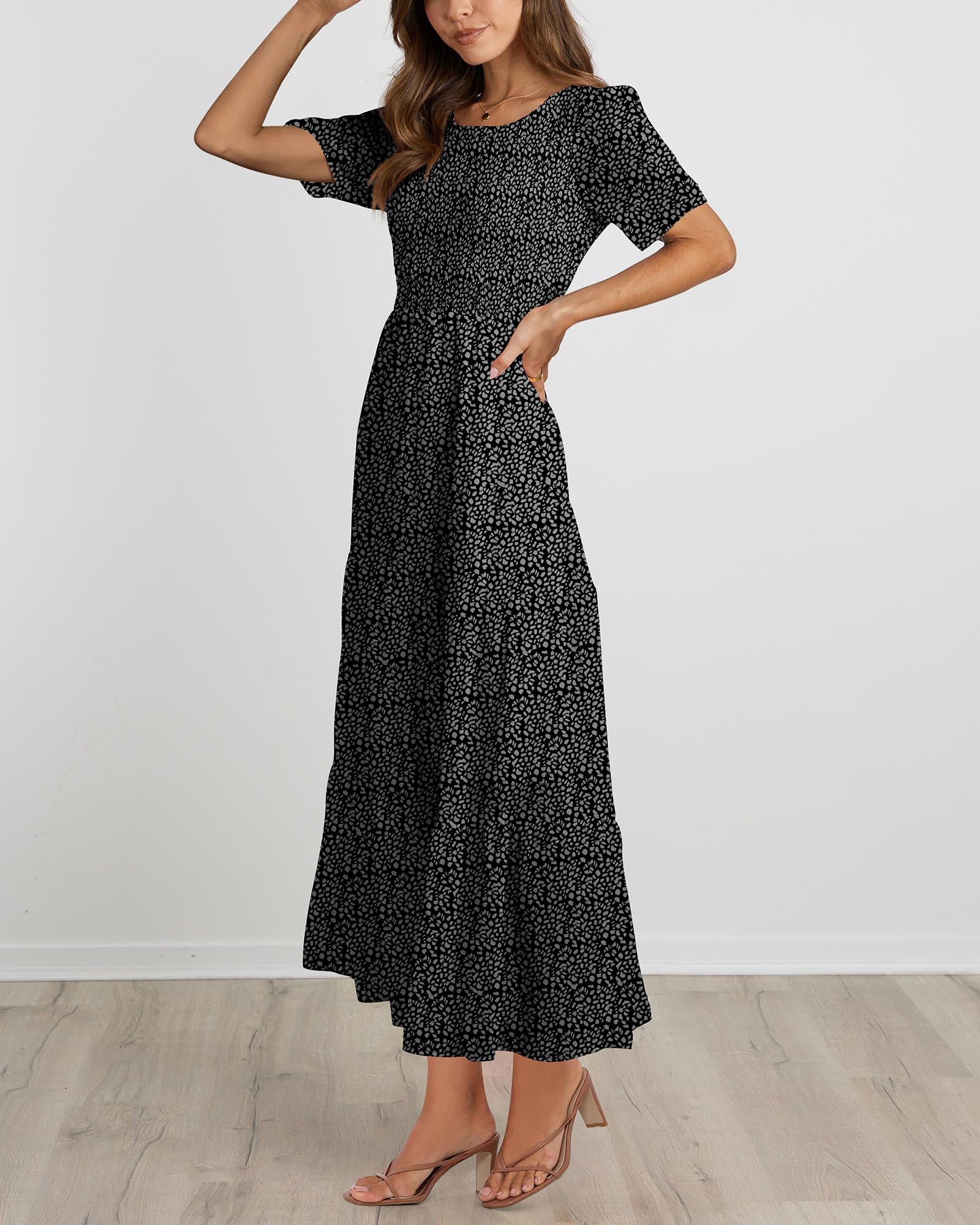 BTFBM Women Casual Short Sleeve Crew Neck Summer Dress Bohemian Floral Printed Flowy Maxi Dresses Tiered Cocktail Dress