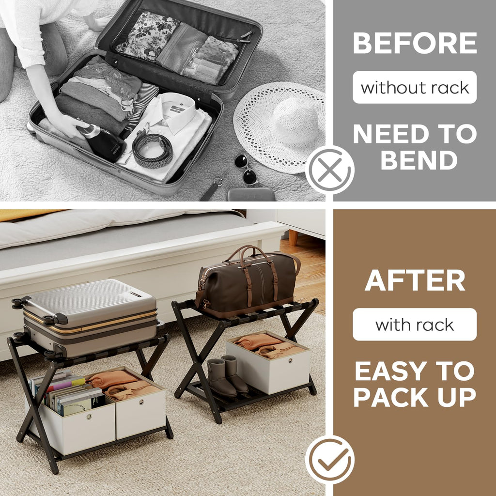 oakvivo Fully Assembled Black Luggage Rack for Guest Room, Bamboo Foldable Suitcase Stand with 5 Nylon Straps, Upgraded Luggage Rack Holder with Shelf for Bedroom Hotel, Holds up to 165 Lbs, 1pcs