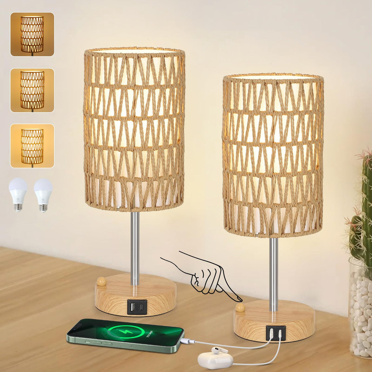 Rattan Bedside Table Lamps Set of 2 - Boho Lamps With 3 Color Temperatures & USB AC Port, Pull Chain Table Lamp For Bedroom, Cute Small Lamp For Nightstand Office Desk Bed Side End Table Living Room