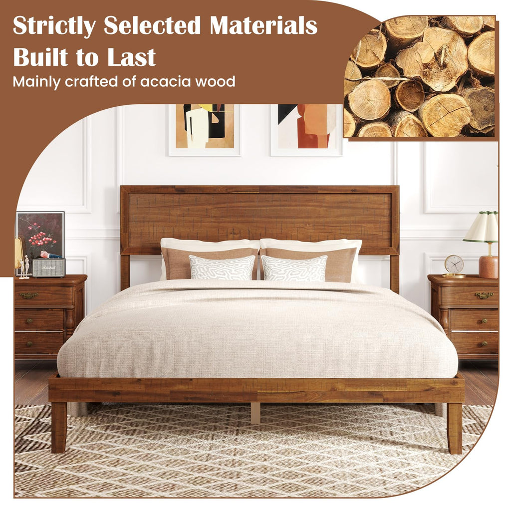 Giantex Wood Twin Bed Frames with Headboard, Solid Acacia Wood Platform Bed with 12 Strong Wooden Slat Support, Scandinavian Style Art Deco Twin Size Bed Frame, No Box Spring Needed, Rustic Brown