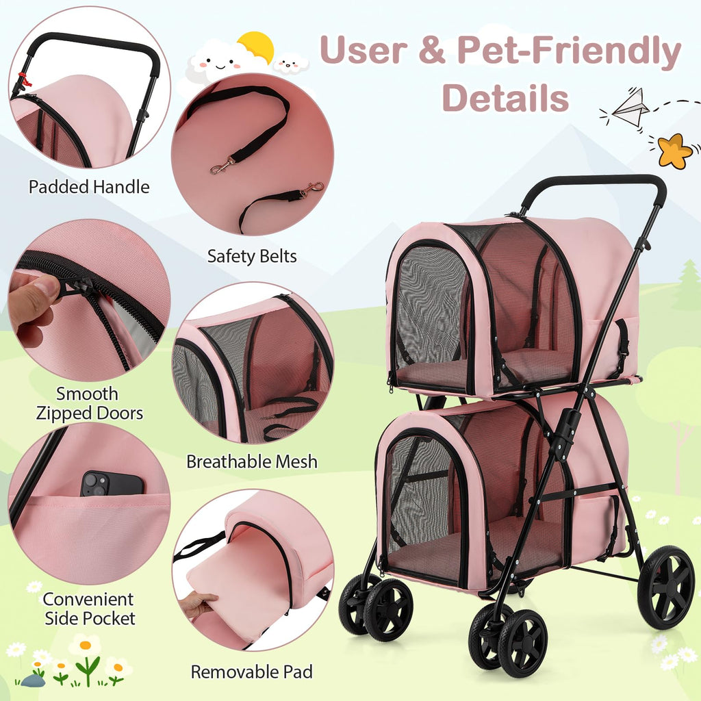 Giantex Double Pet Stroller with 2 Detachable Carrier Bags, Safety Belt, 4 Lockable Wheels, Folding Cat & Dog Stroller for Small Medium Pets, Cats Dogs Puppy Travel Strolling Cart (Beige)