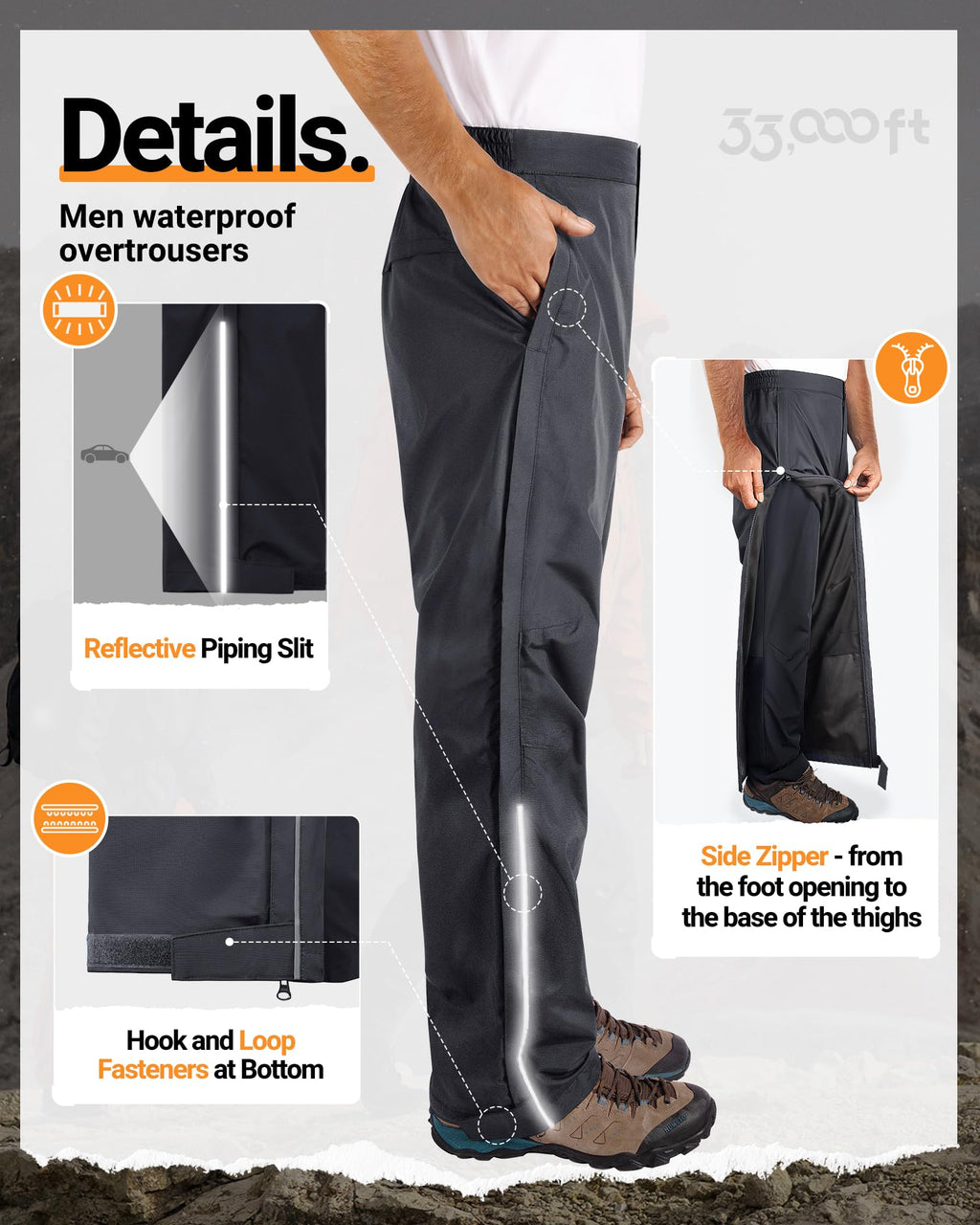 33,000ft Men's Rain Pants Full Zip Waterproof Pants Breathable Rain Over Trousers for Outdoor Hiking Golf Work