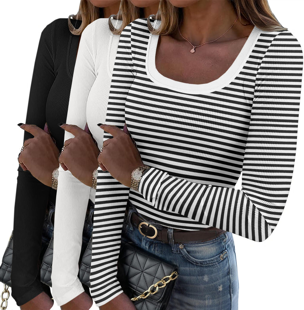 Zeagoo Women's Long Sleeve Scoop Neck Shirts Casual Slim Fit Rib Knit Tops Summer Fall Basic Business Work Tee