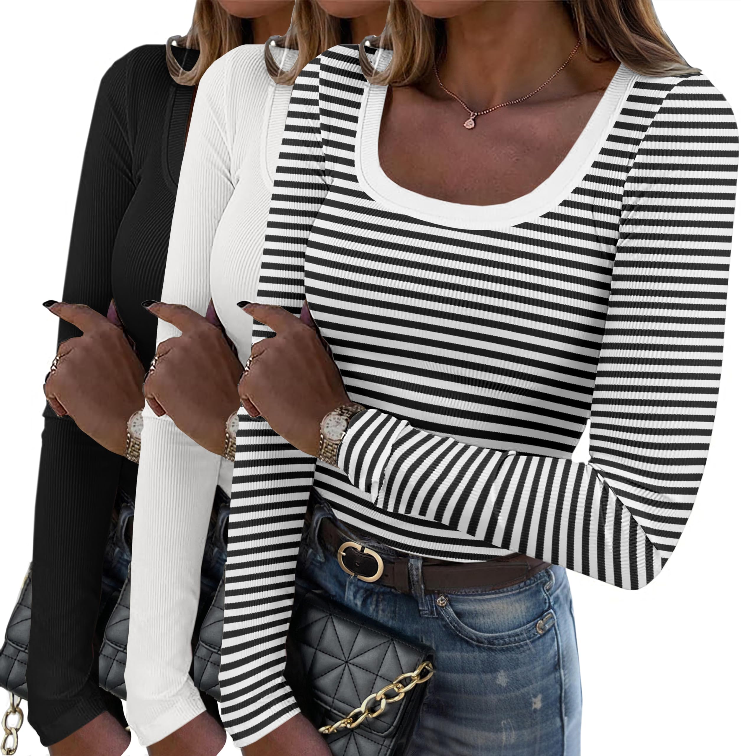 Zeagoo Women's Long Sleeve Scoop Neck Shirts Casual Slim Fit Rib Knit Tops Summer Fall Basic Business Work Tee