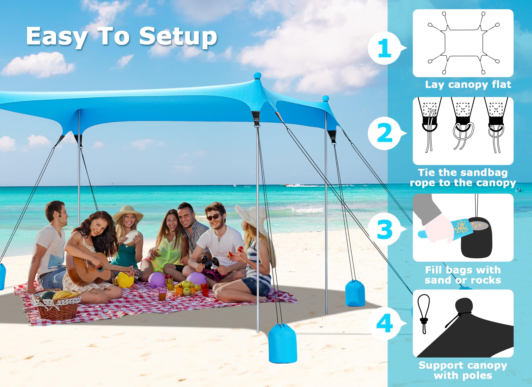 Gorich Beach Tent Sun Shelter with 8 Sandbags, UPF50+ Protection & Windproof Pop Up Beach Canopy Tent Sun Shade for Family, Travel & Camping, Easy Setup Canopy Umbrella