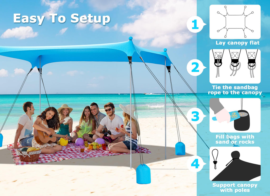 Gorich Beach Tent Sun Shelter with 8 Sandbags, UPF50+ Protection & Windproof Pop Up Beach Canopy Tent Sun Shade for Family, Travel & Camping, Easy Setup Canopy Umbrella