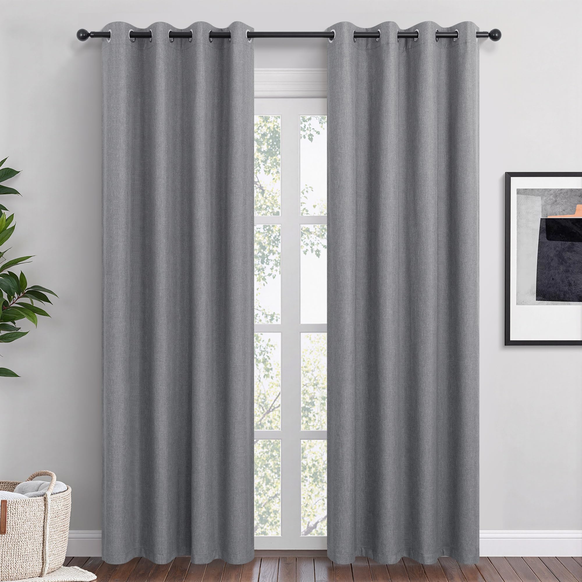 Short Small Linen Blackout Curtains 54 Inch Length 2 Panels Set for Bedroom Living Room Grommet 100% Black Out Linen Drapes Room Darkening Window Curtains 54 Inches Long Dark Gray