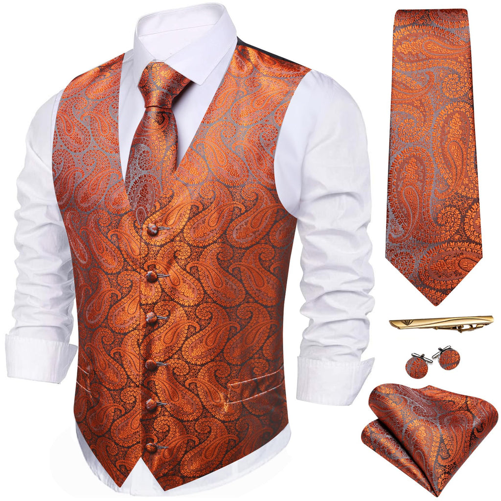 Barry.Wang Men's Suit Vest Formal/Leisure Paisley Jacquard Silk Tie Pocket Square Waistcoat Set Wedding 5PCS