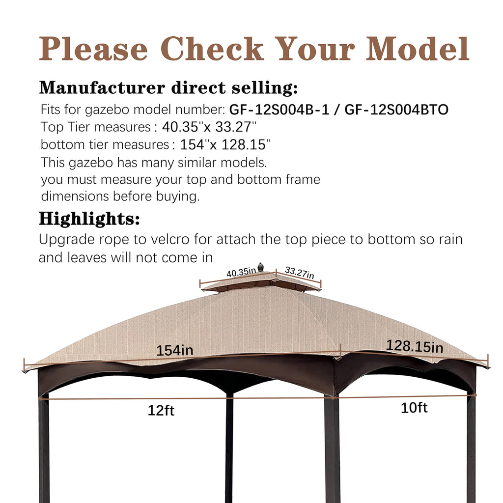 SCOCANOPY Replacement Top Compatible with The Lowe's Gazebo Model #GF-12S004B-1 / GF-12S004BTO (Grey Ripstop)