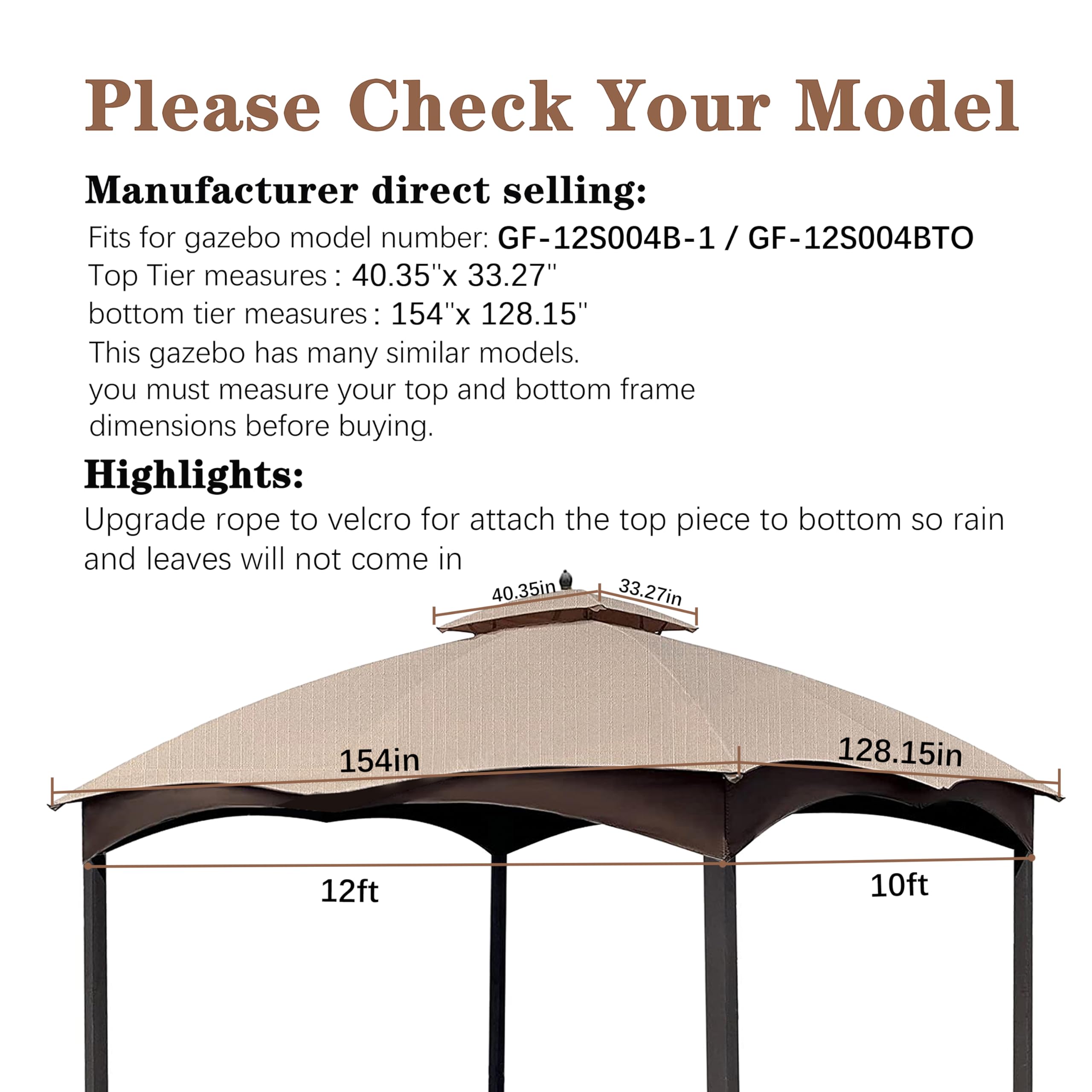 SCOCANOPY Replacement Top Compatible with The Lowe's Gazebo Model #GF-12S004B-1 / GF-12S004BTO (Grey Ripstop)