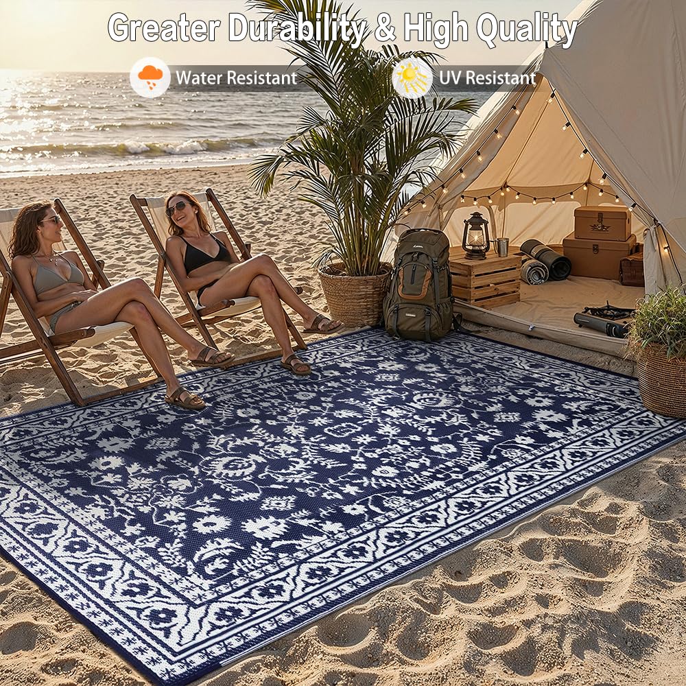 PureCozy Outdoor Plastic Straw Rug Black Beige Large Outside Waterproof Outdoor Patio 5x8 Carpet Geometric Reversible Mat Modern for Camping RV Porch Deck Balcony Beach