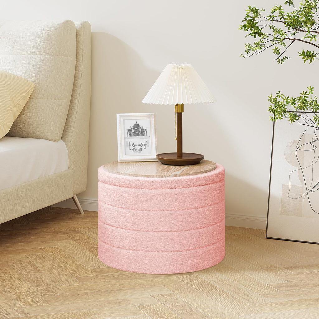 PINPLUS Round Storage Ottoman Foot Rest Stool with Tray Velvet Sherpa Folding Storage Ottoman,Boucle Foot Rest for Living Room, Bedroom, Dorm（Beige）