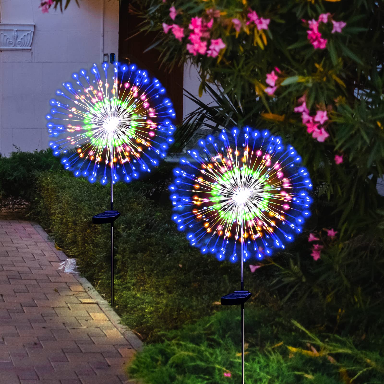 Solar Garden Firework Lights Outdoor Waterproof, 2 Pack Solar Powered Art Stake Twinkle Lighting for Outside Decor, 120 LED Sparklers String Lights for Yard Pathway Decorations(White)