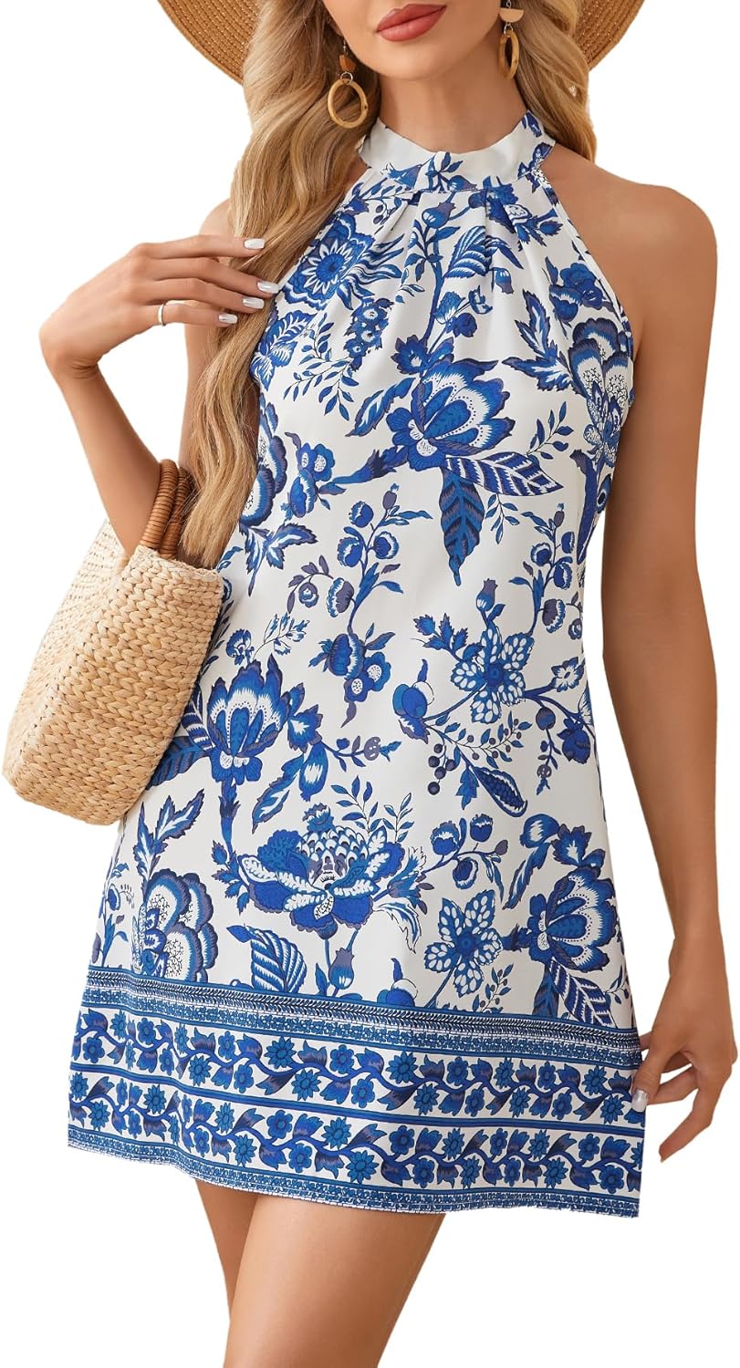 Floerns Women's Sleeveless Floral Print Sundress Halter Neck A Line Short Dress