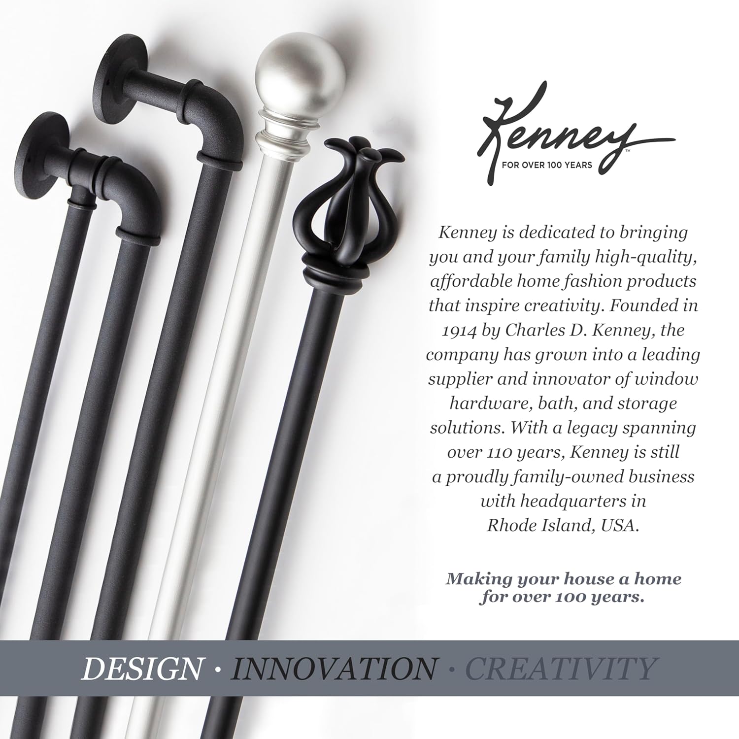 Kenney – Rogers Twist & Fit Tension Window Curtain Rod, No Tools Installation, 5/8" Diameter, Adjustable 48–84", White