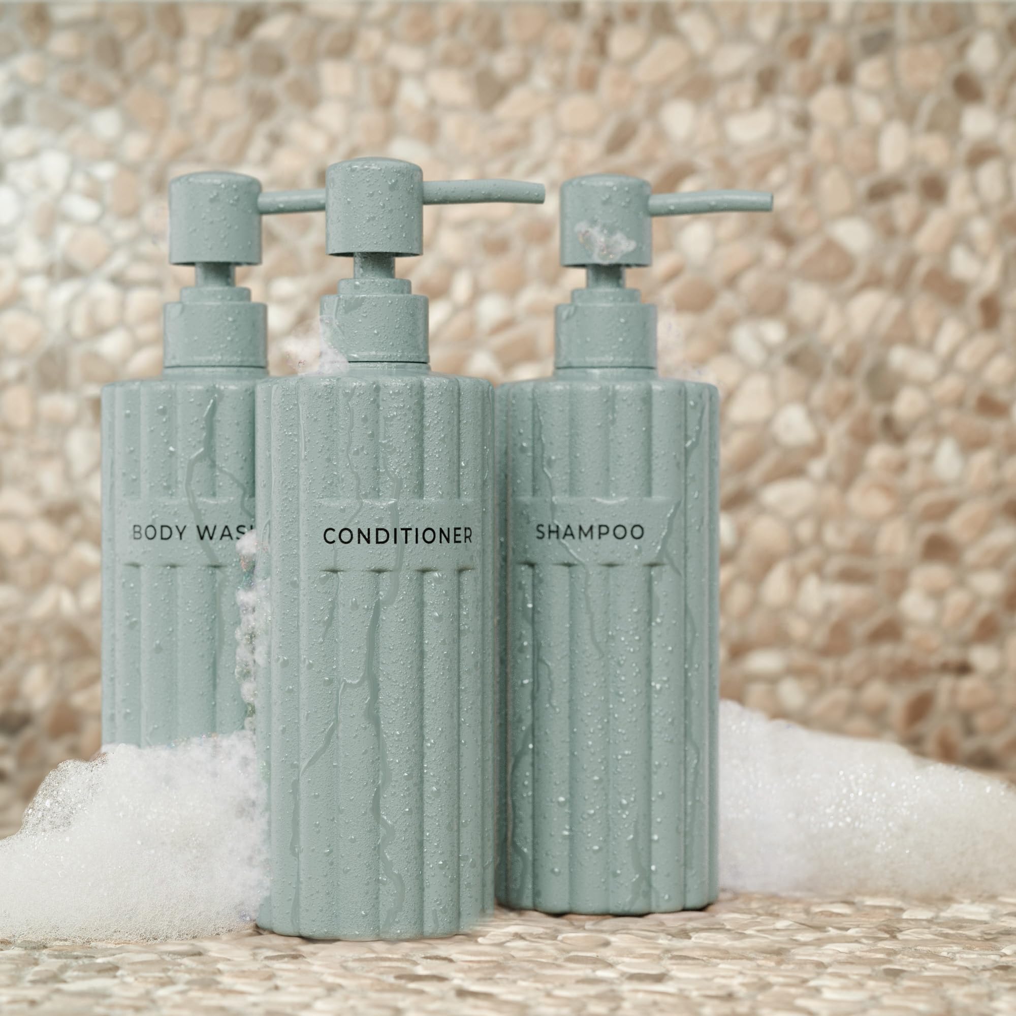 Stylish Shampoo and Conditioner Dispenser Set of 3 - Modern 19oz Shower Soap Bottles with Pump and Labels - Easy to Refill Body Wash Dispensers for an Instant Bathroom Decor Upgrade