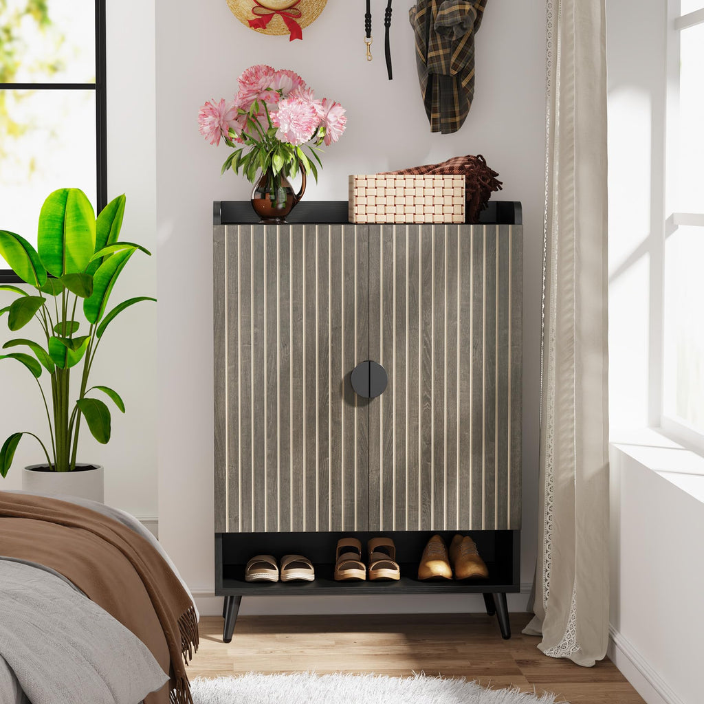 Tribesigns Shoe Cabinet with Doors, 7-Tier Shoe Storage Cabinet with Adjustable Shelves, Wooden Shoes Rack Shoe Storage Organizer for Entryway, Hallway, Closet, Living Room, Black