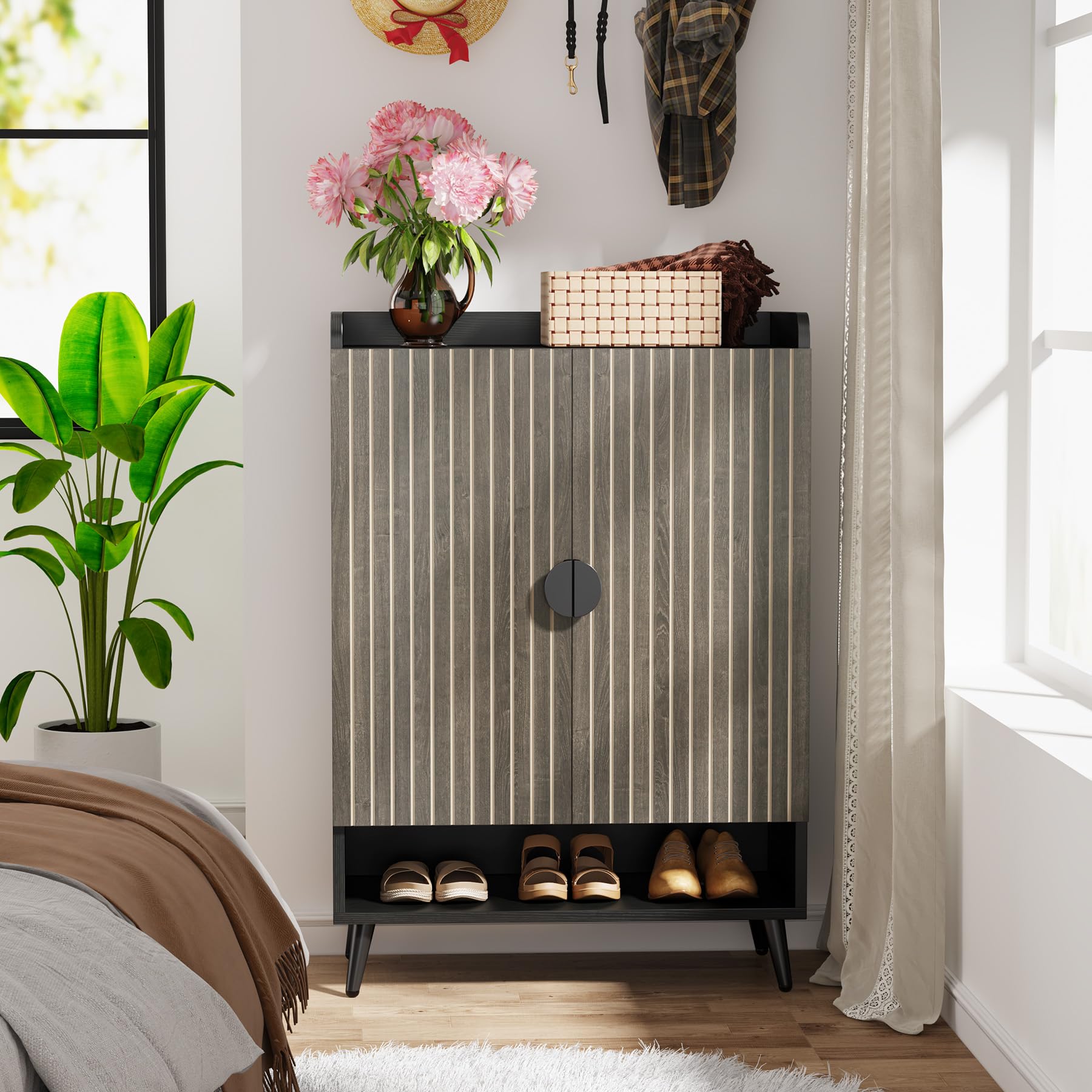 Tribesigns Shoe Cabinet with Doors, 7-Tier Shoe Storage Cabinet with Adjustable Shelves, Wooden Shoes Rack Shoe Storage Organizer for Entryway, Hallway, Closet, Living Room, Black