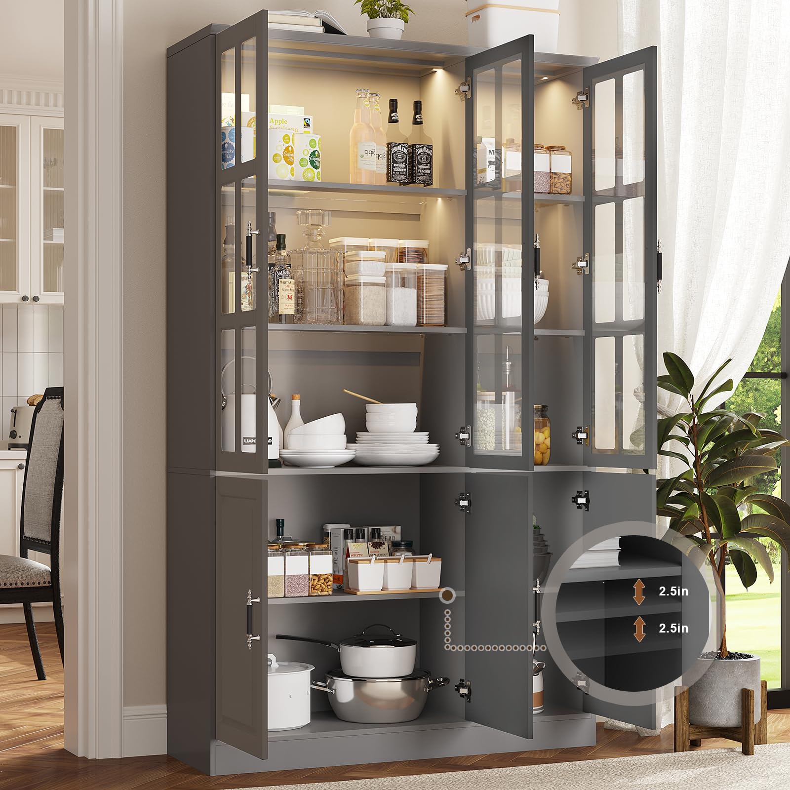 MEISSALIVVE Kitchen Pantry Storage Cabinet with LED Lights, 78.7" Tall with Glass Doors & Drawers, Freestanding Utility Cabinet, Black (31.5" W x 15.7" D)