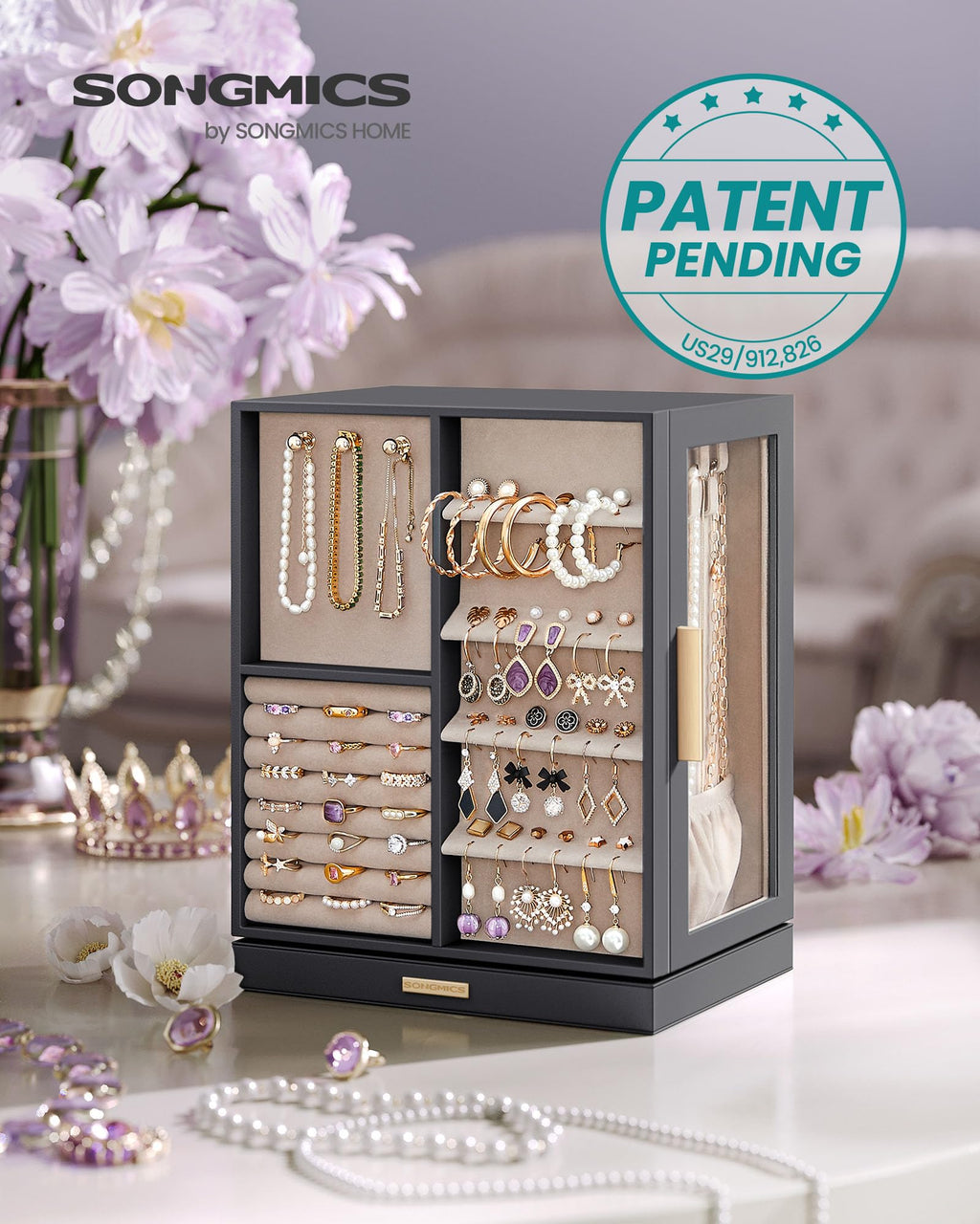 SONGMICS GISELLA Collection - Jewelry Box Organizer 360° Rotating, Vertical Jewelry Storage Case with 5 Drawers, Glass Window, Spacious, Open Design, Great Gift, Cloud White UJBC170W01