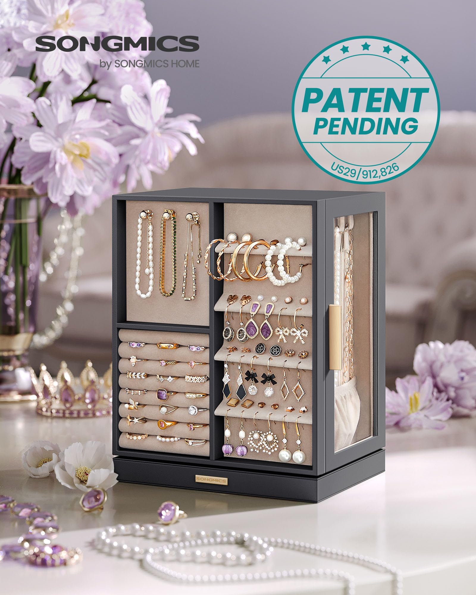 SONGMICS GISELLA Collection - Jewelry Box Organizer 360° Rotating, Vertical Jewelry Storage Case with 5 Drawers, Glass Window, Spacious, Open Design, Great Gift, Cloud White UJBC170W01