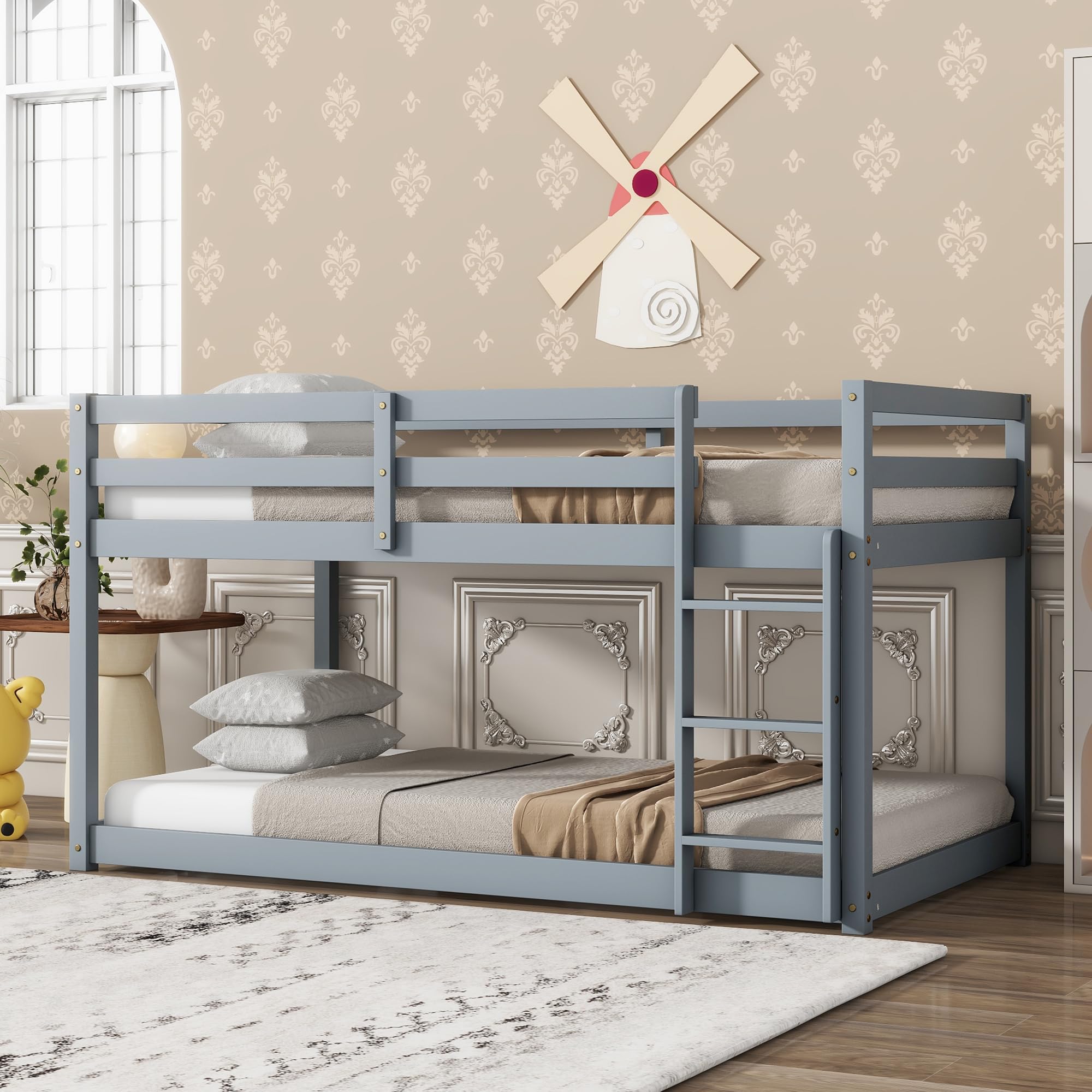 Bunk Bed Twin Over Twin, Wood Low Profile Floor Twin Bunk Beds with Headboard Ladder Guardrails for Kids Boys and Girls, No Box Spring Needed