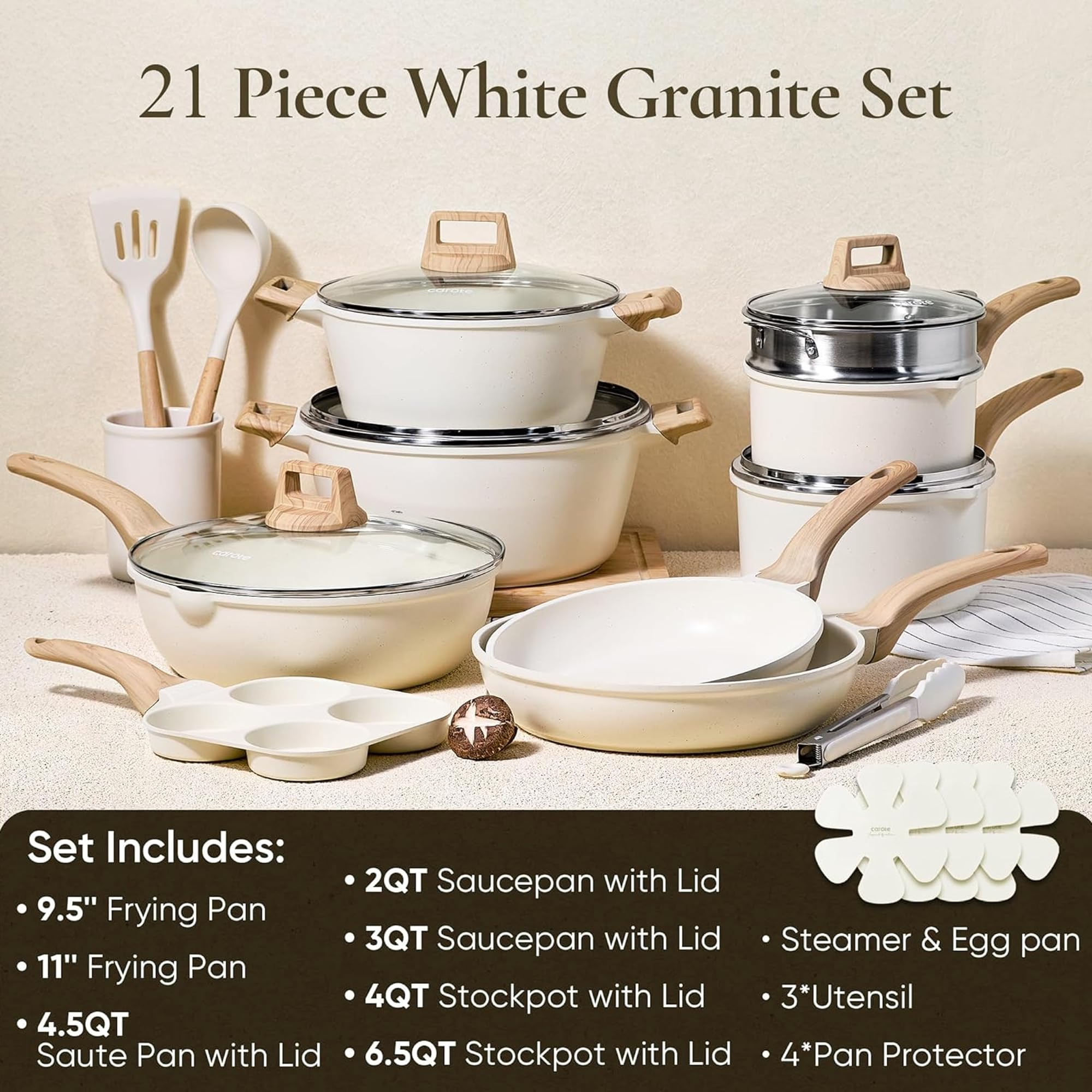 CAROTE 21pcs Pots and Pans Set Nonstick, Cookware Set Black Induction Kitchen Cooking Set w/Frying Pans & Saucepans(PFOS, PFOA Free)