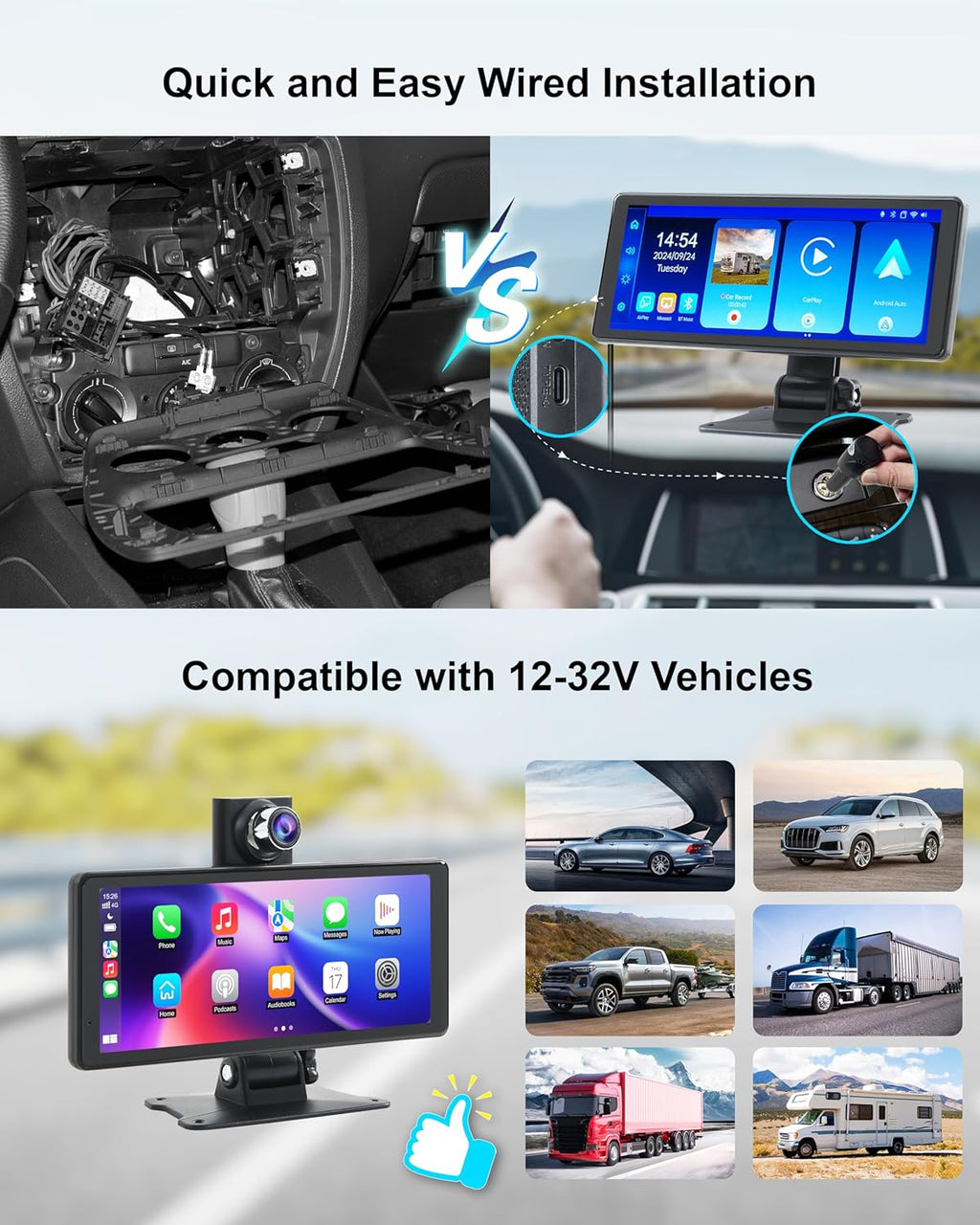 Portable Carplay Screen 8.1" Wireless Android Auto Car Stereo | 4K dash cam & 1080P backup camera system with mirror link, Bluetooth, GPS. For older cars, Truck, SUV, Van, all vehicles.