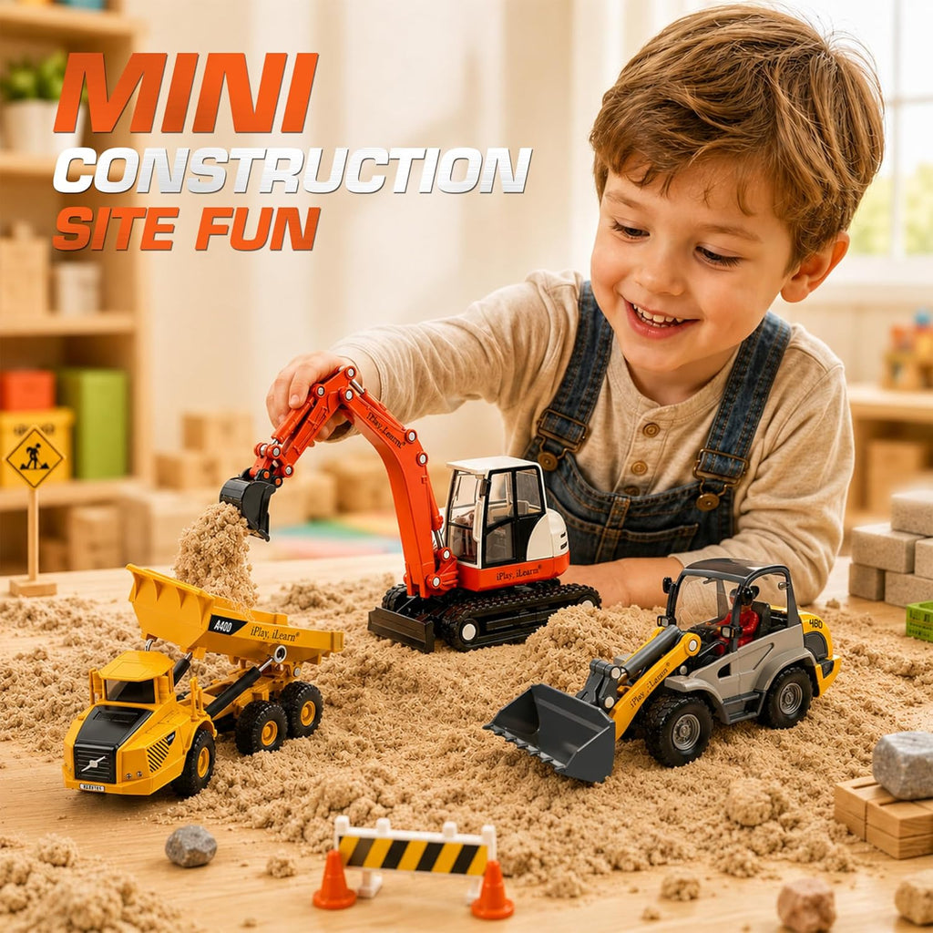 iPlay, iLearn Heavy Duty Construction Site Playset, Metal Dump Truck, Excavator Digger Backhoe, Tractor Bulldozer Diecast Vehicle, Outdoor Sandbox Car Toy, Birthday Gift 3 4 5 Year Old Boy Kid Toddler