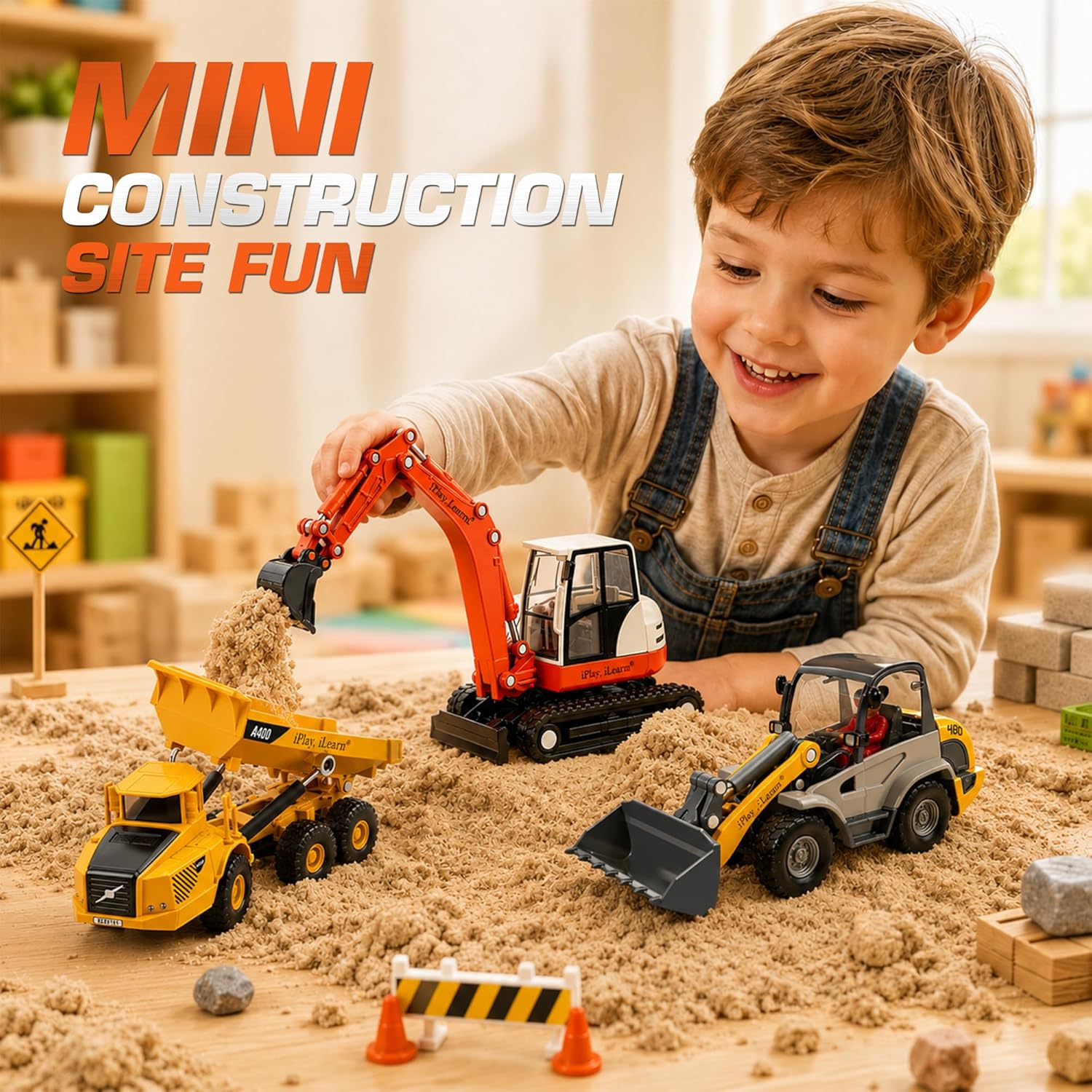 iPlay, iLearn Heavy Duty Construction Site Playset, Metal Dump Truck, Excavator Digger Backhoe, Tractor Bulldozer Diecast Vehicle, Outdoor Sandbox Car Toy, Birthday Gift 3 4 5 Year Old Boy Kid Toddler