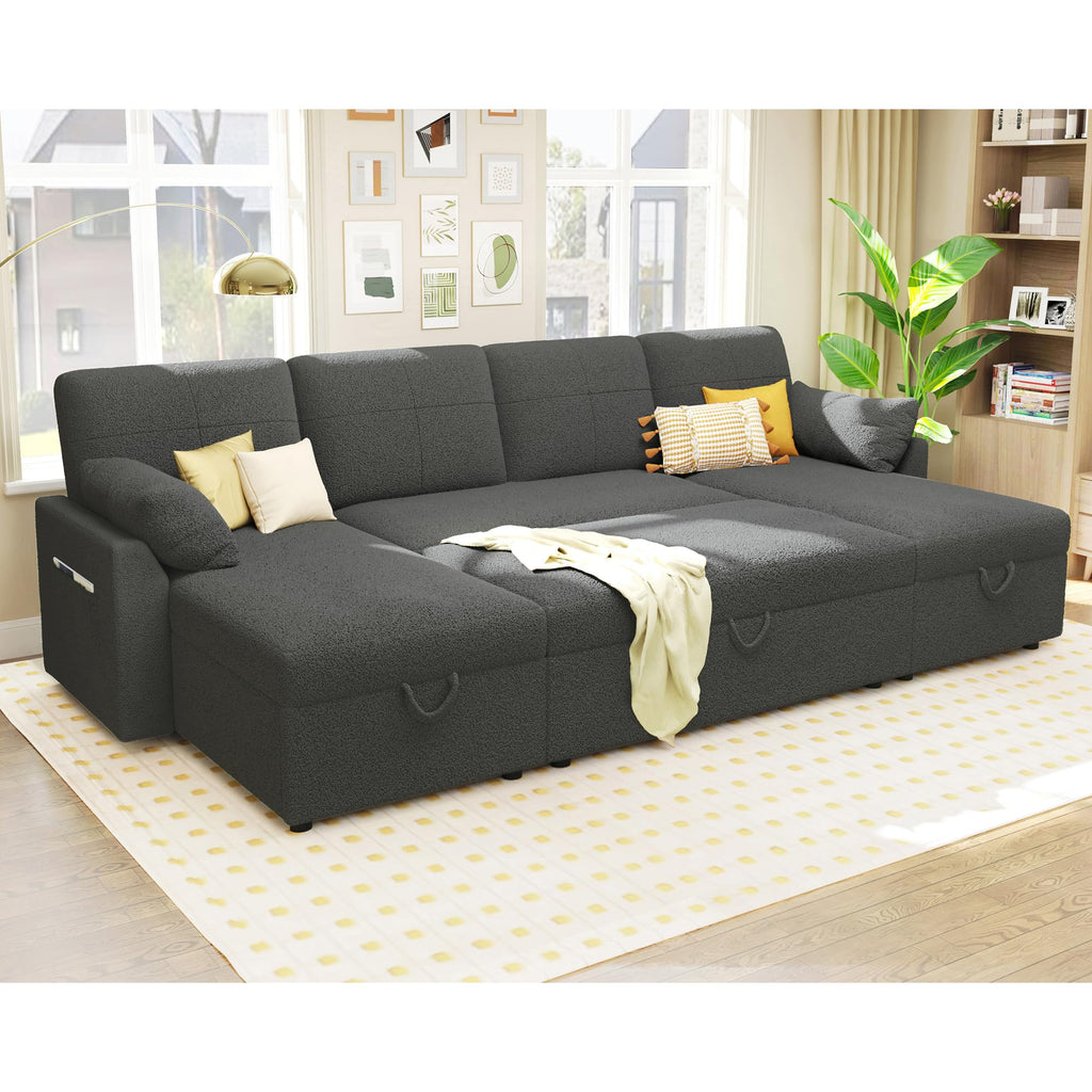 PaPaJet Sofa Bed, Sleeper Sofa with Storage Chaise, L Shaped Sofa with Pull Out Bed, Oversized Sofas for Living Room, Beige