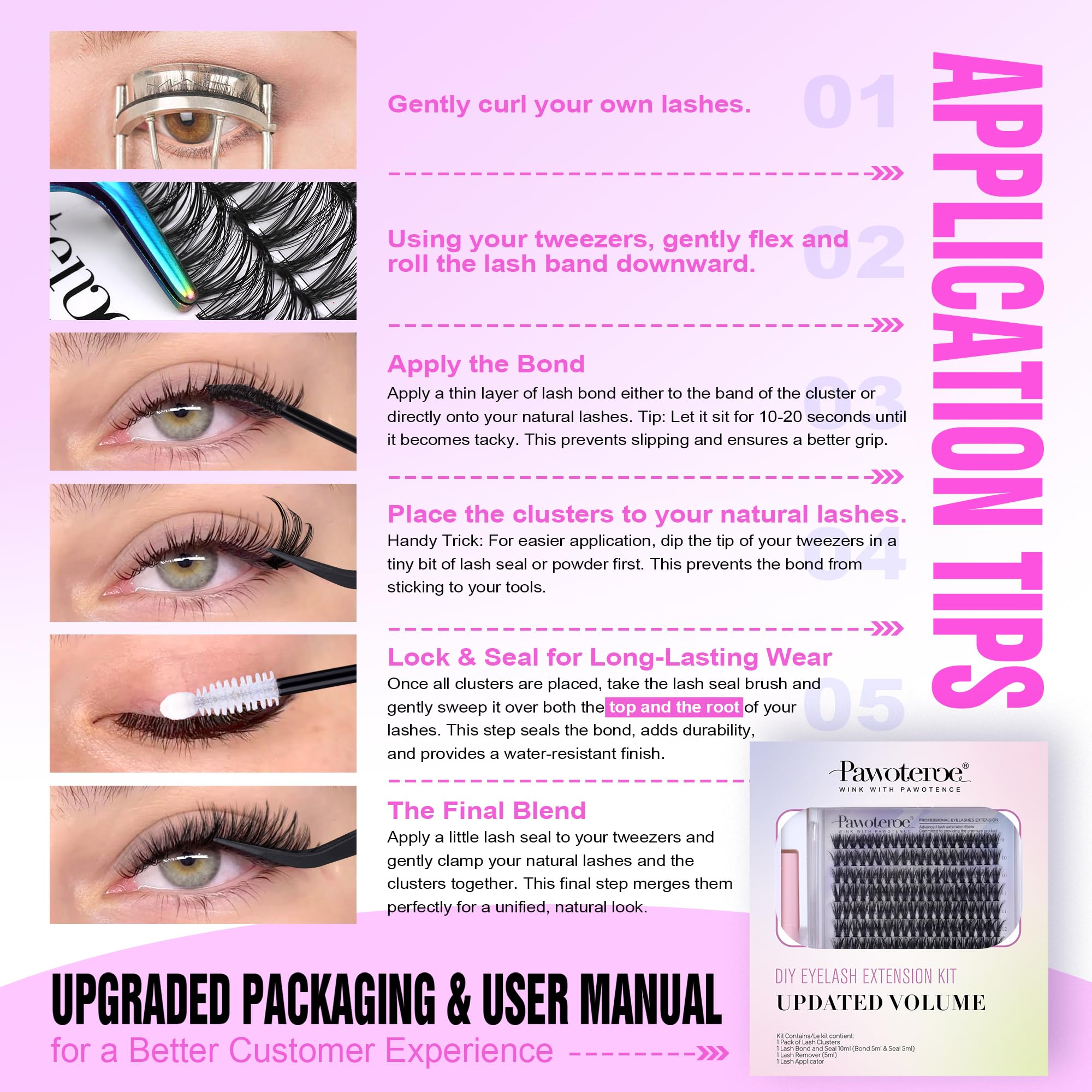 Pawotence Lash Extension Kit DIY 280pcs Individual Lash Clusters Kit 20D&30D Natural 9-15mm Cluster Eyelash Extensions Kit with Lash Bond and Seal, Tweezers for Self Use (20D&30D, 0.07D, 9-15mm, Kit)