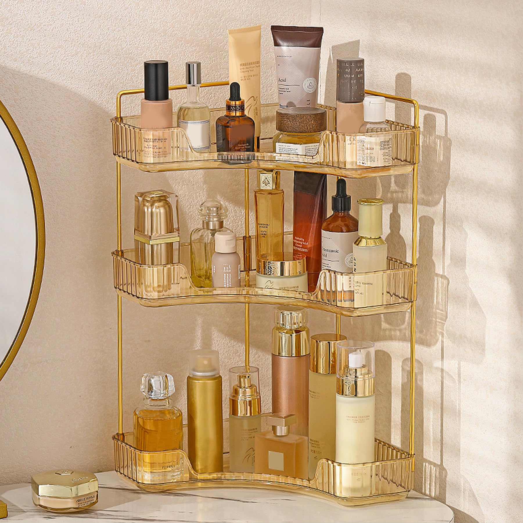 Aveniee Corner Bathroom Counter Organizer, Bathroom Countertop Shelf Makeup Organizer for Vanity Perfume Tray for Corner Storage (2 Tiers, Gold)