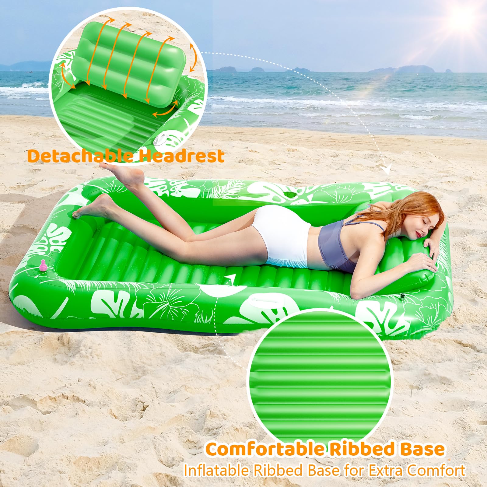 Inflatable Tanning Pool Lounger Float with Sprinkler, 77" x 48" Pool Floats Adult with Pillow, 6 in 1 Suntan Tub Raft Floatie with Drink Holder Sunbathing Water Lounge