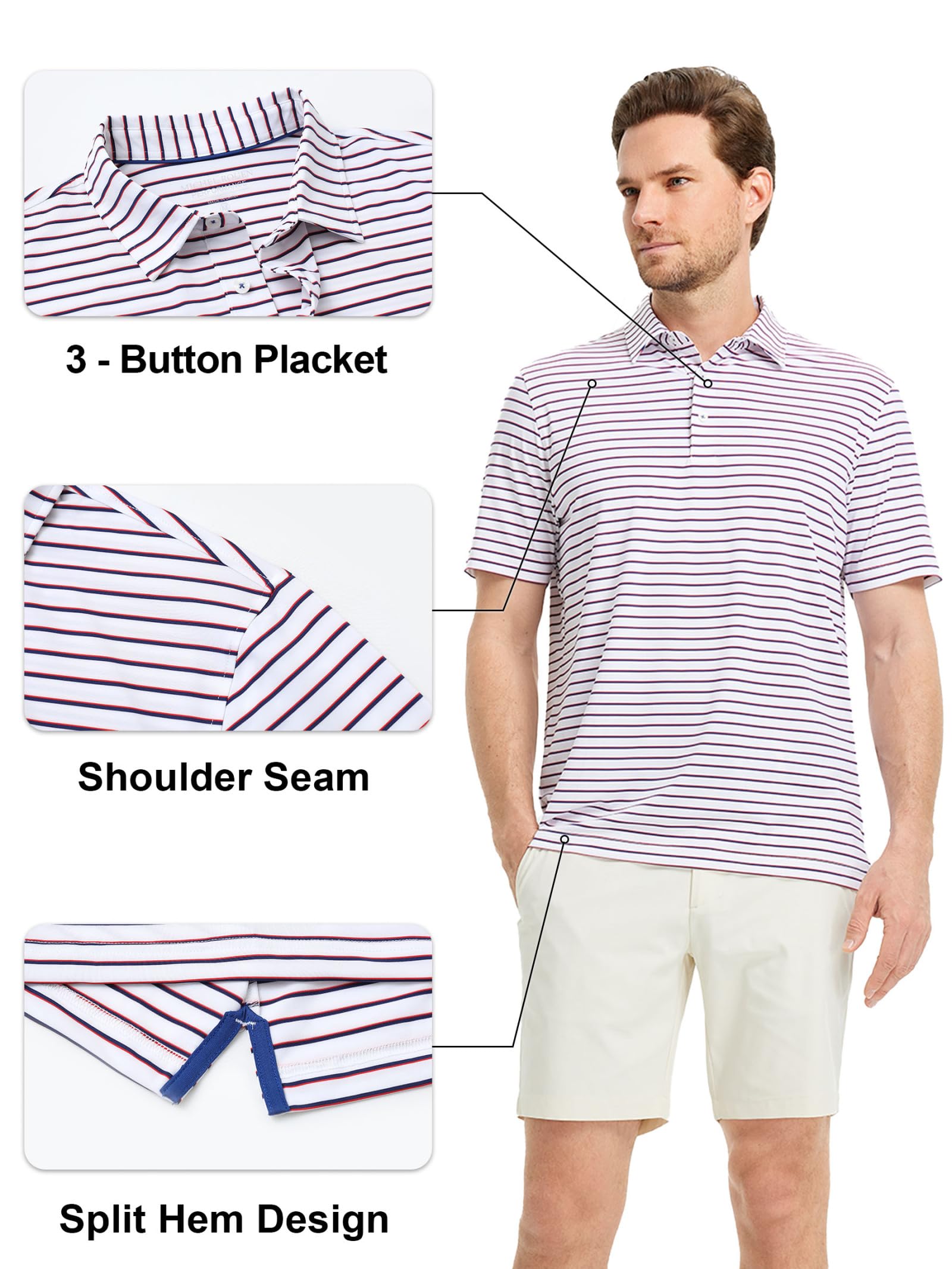 Rouen Mens Polo Shirts Short Sleeve Dry Fit Performance Moisture Wicking Causal Striped Polo Collared Golf Shirts for Men